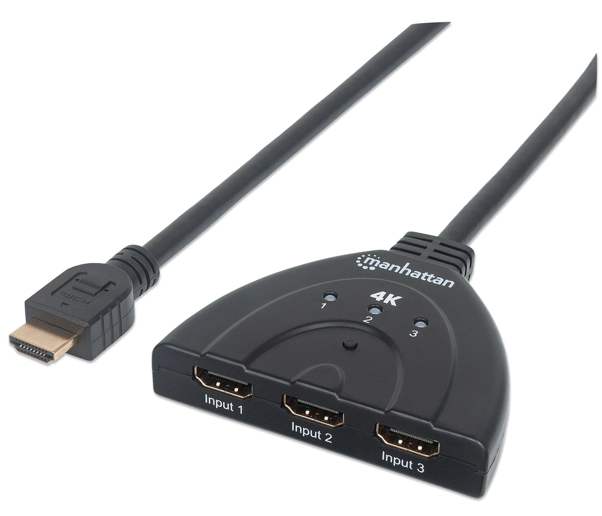 Manhattan HDMI Switch 3-Port, 4K@60Hz, Connects x3 HDMI sources to x1 display, Manual Switching (via button), Integrated Cable (58cm), No external power require
