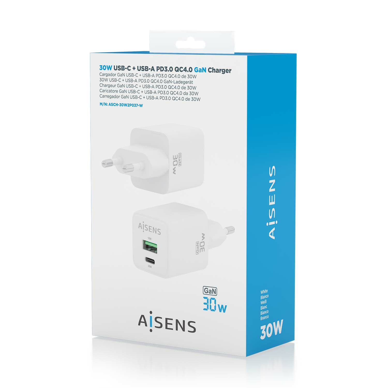 AISENS Gan 30W Charger, 1xUSB-C PD3.0 QC4.0, 1xUSB-A QC3.0, White – image 7