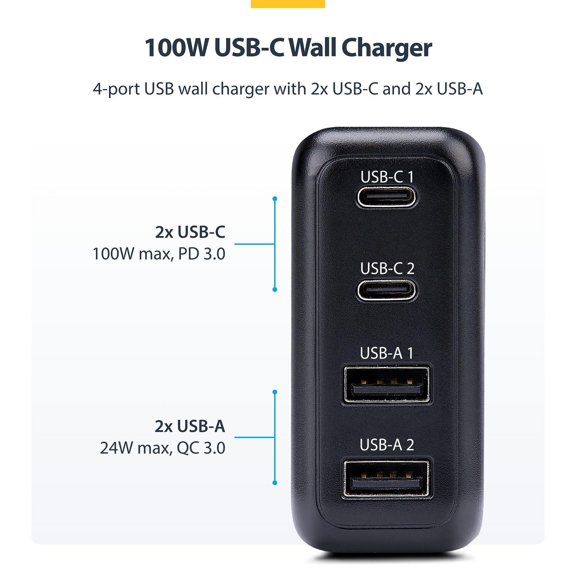 StarTech.com 100W USB-C Wall Charger, 2x USB-C/2x USB-A, Quick Charging Portable GaN Charger Power Adapter, USB Power Delivery 3.0 – image 6