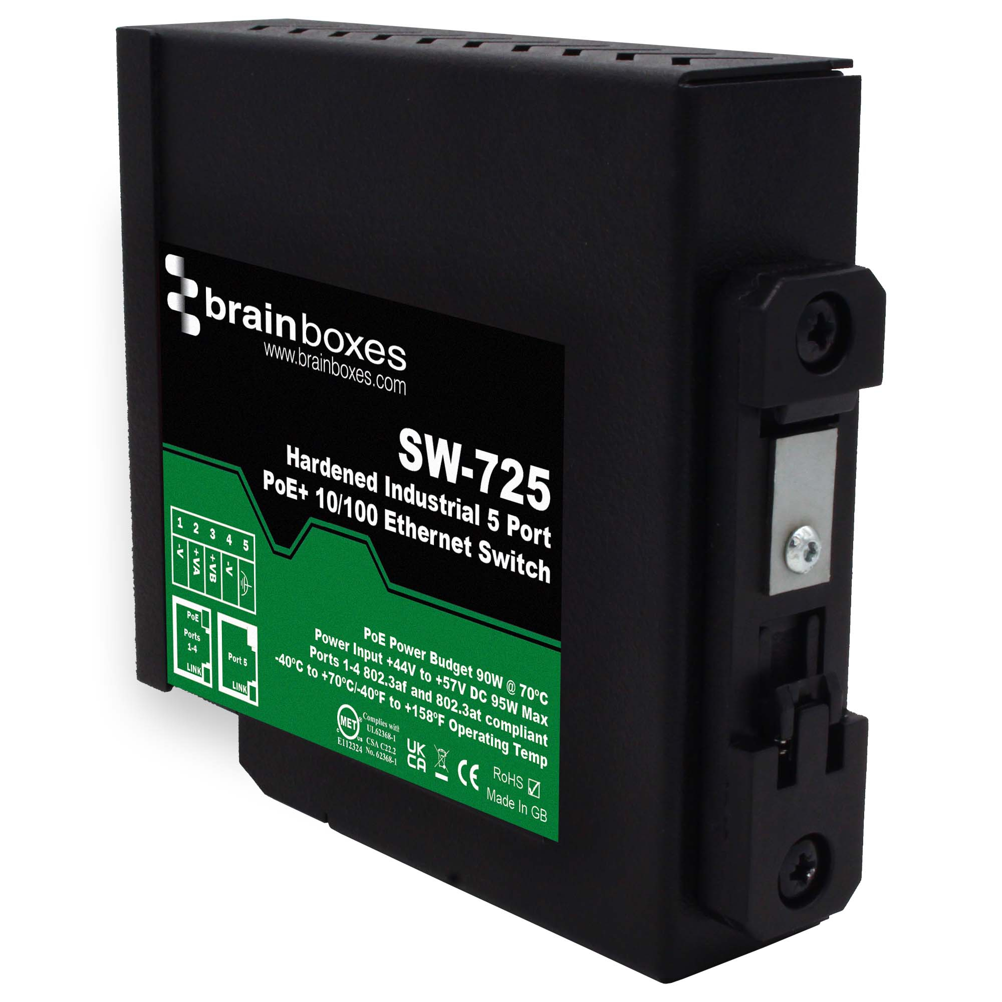 Brainboxes Hardened Industrial 5 Port PoE+ 10/100 Ethernet Switch – image 2