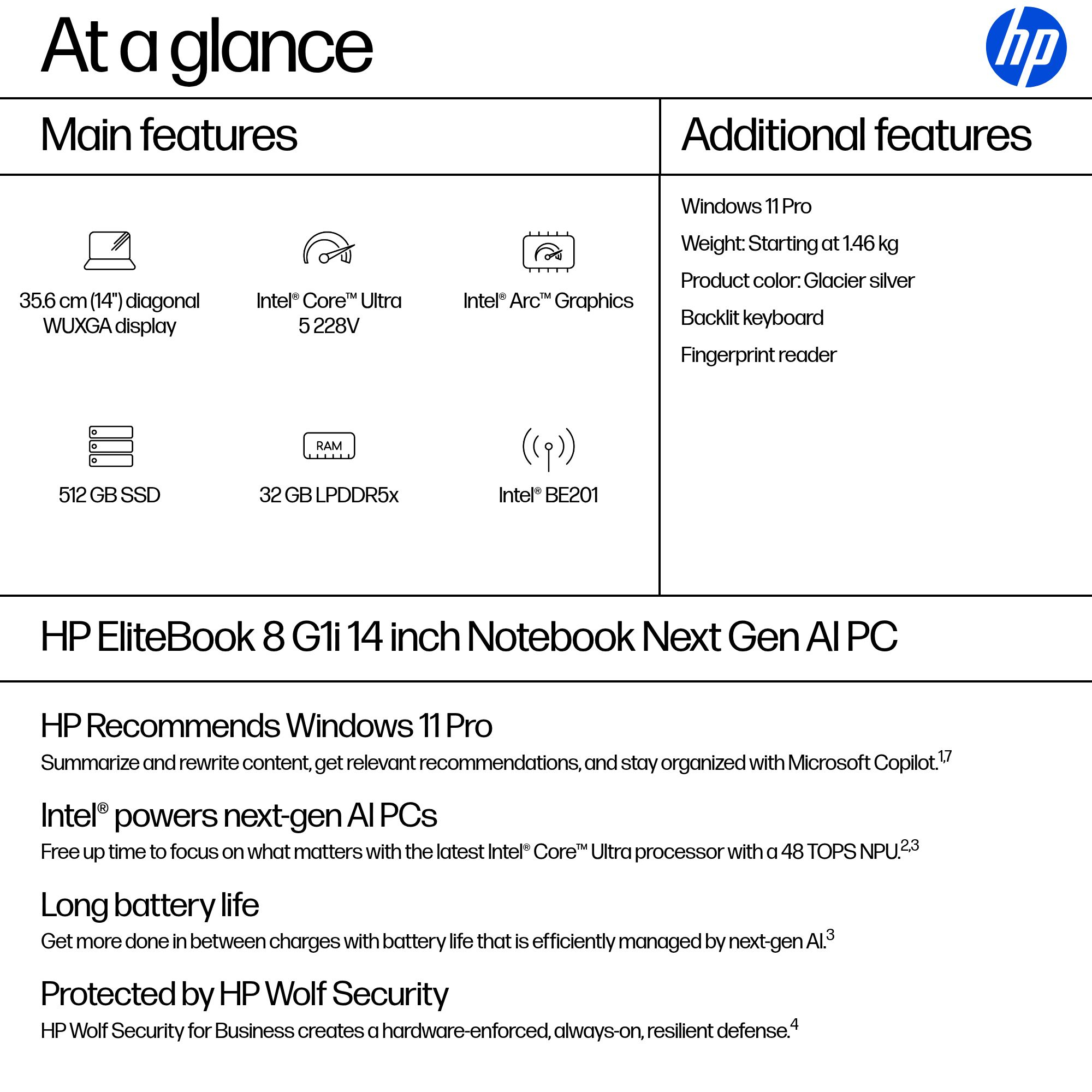 HP EliteBook 8 G1i 14 inch Notebook Next Gen AI PC Copilot+ PC Intel Core Ultra 5 228V Laptop 35.6 cm (14″) WUXGA 32 GB LPDDR5x-SDRAM 512 GB SSD Wi-Fi 7 (802.11be) Windows 11 Pro Silver image 3