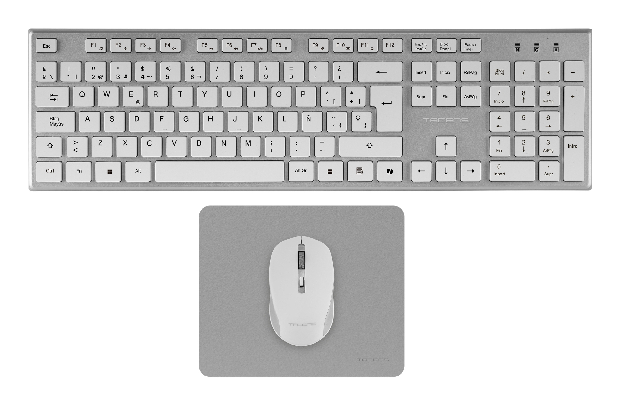 Tacens 6ZENITHWES keyboard Mouse included Home/Office RF Wireless QWERTY Spanish Silver, White