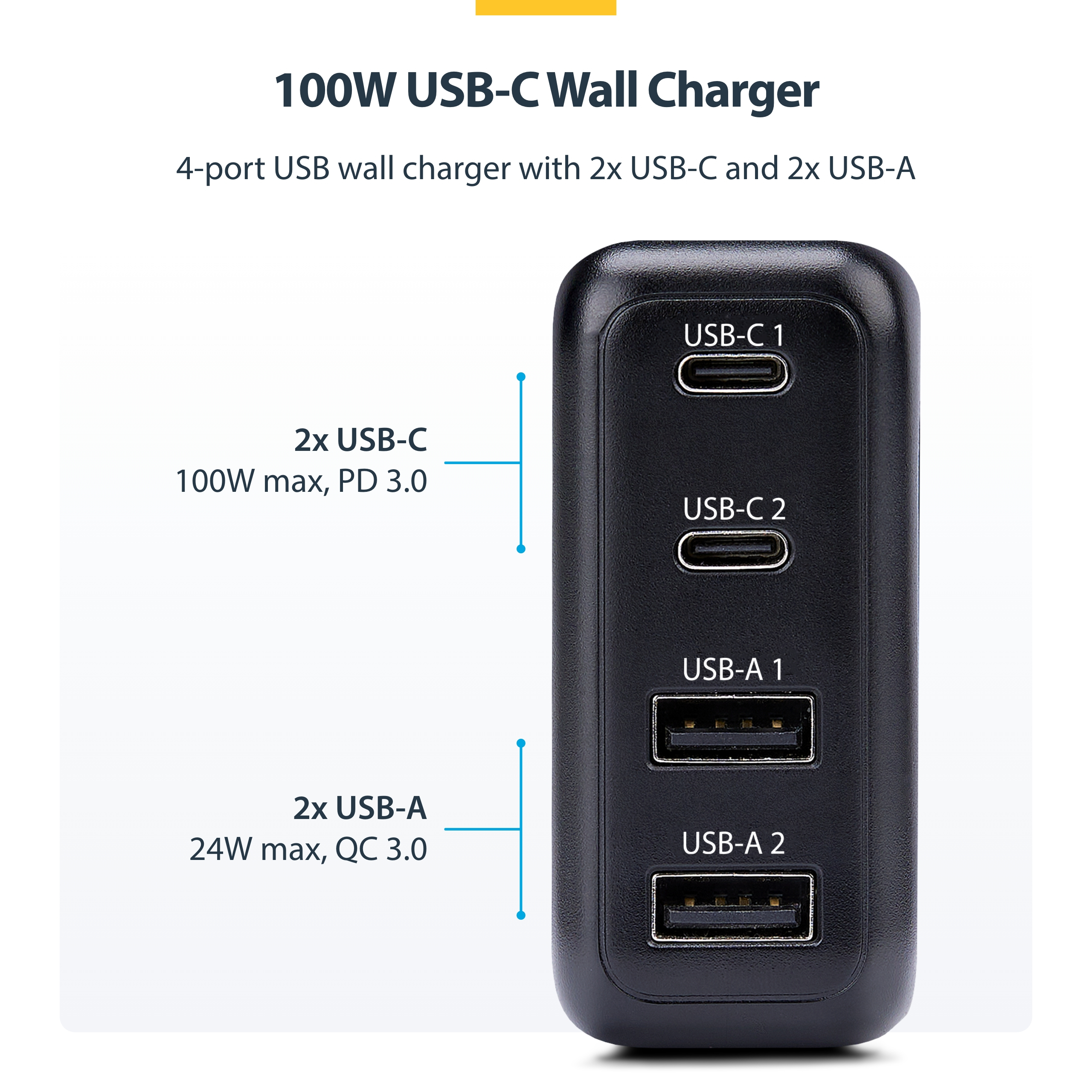 Resim StarTech.com 100W GaN USB-C PD 3.0 Duvar Tipi Şarj Cihazı, 2x USB-C, 2x USB-A, 1.8m Kablo, Siyah