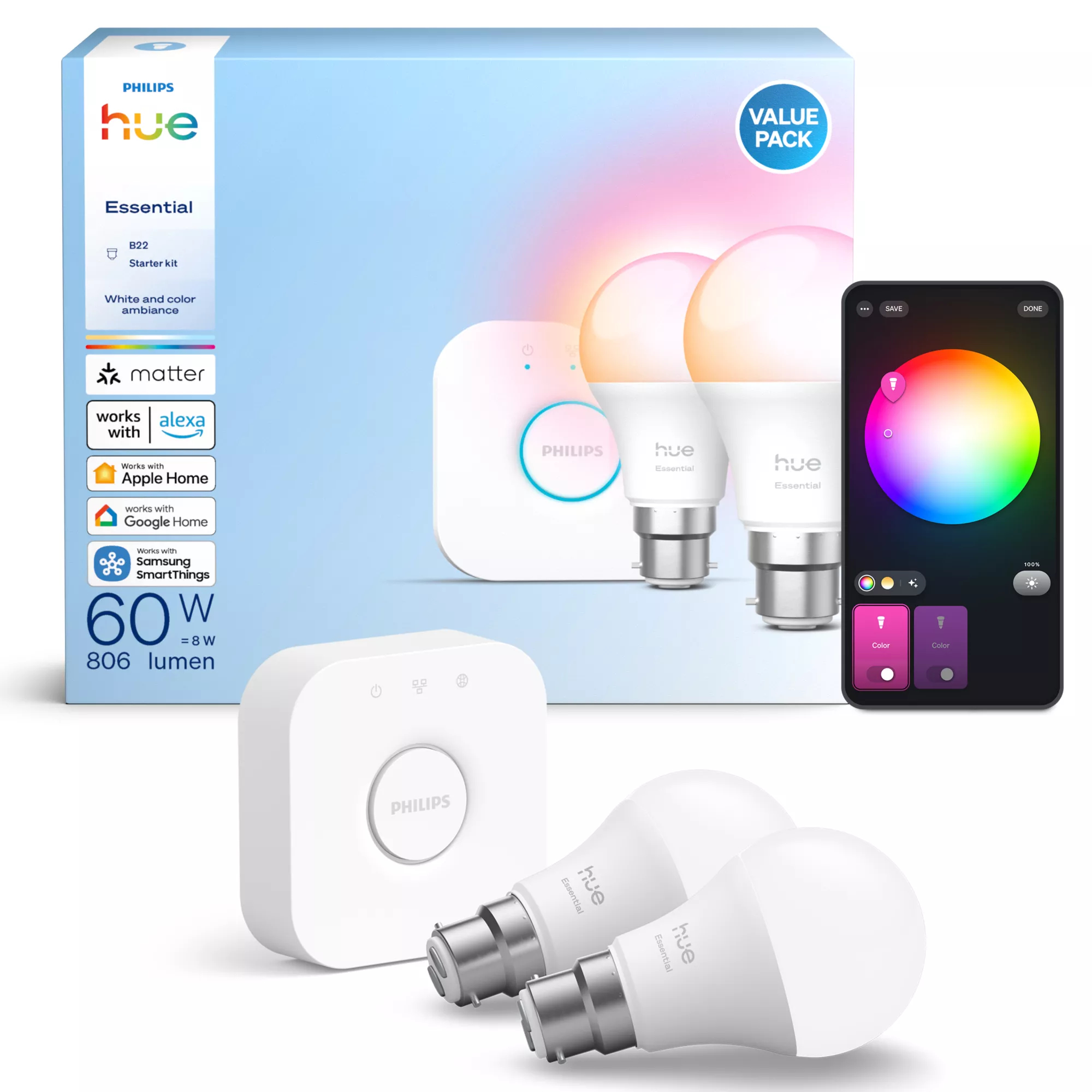 Philips by Signify Philips Hue White and colour ambience Essential starter kit: 2 B22 smart bulbs (806 lm) – image 3