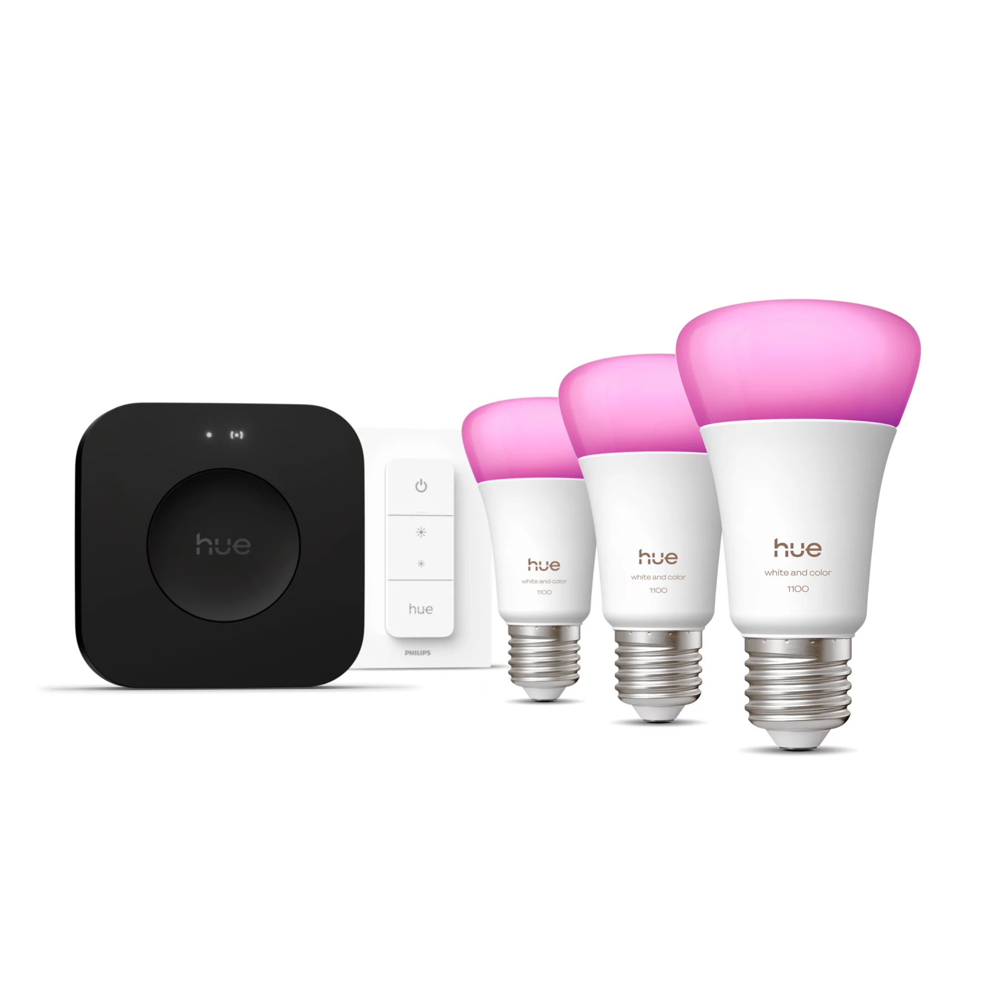 Philips by Signify Kit de démarrage : trois ampoules connectées E27 + Dimmer Switch + Hue Bridge Pro