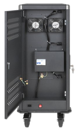 Manhattan USB-C-laadtrolley voor 30 apparaten, 30 W per poort, iPad tot 13", MacBook Air tot 13" en Chromebook tot 14"; ook tablets/smartphones, vakken 404 × 27,6 × 283 mm, USB-C-laadkabels inbegrepen, afsluitbaar