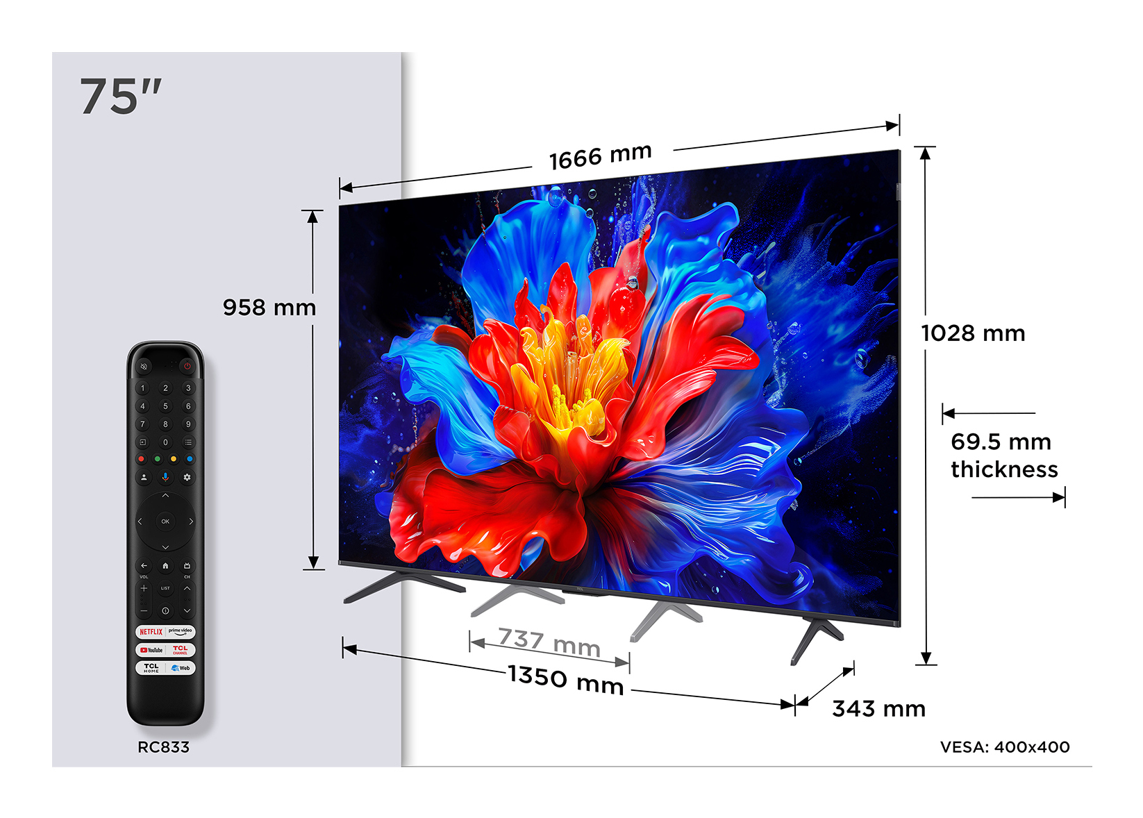 TCL 75P8K TV QLED 75 (190 cm) 4K UHD 3840x2160 144 Hz Dolby Vision Google TV 4xHDMI 2.1 WiFi — photo 1