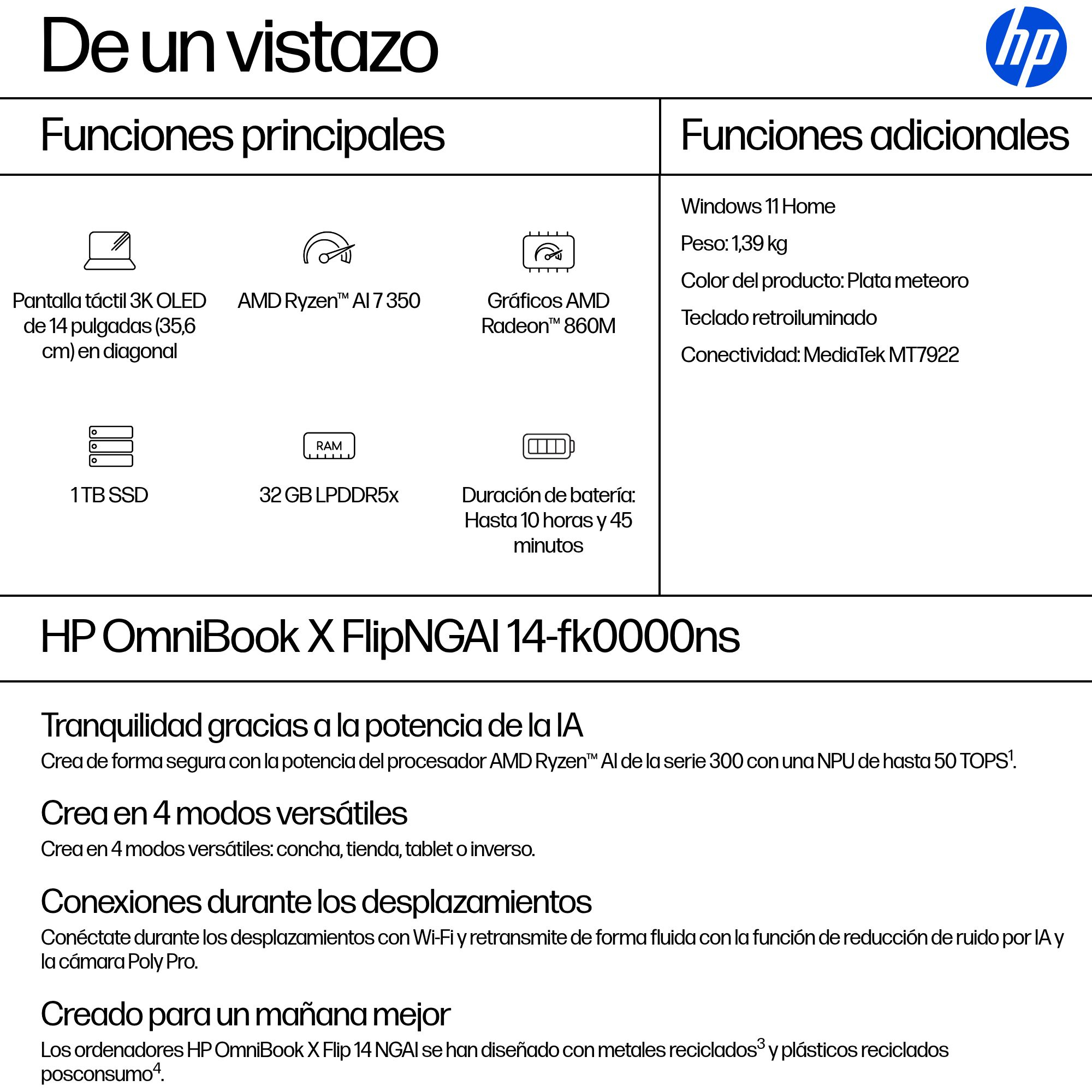 HP - Convertible 2 en 1 HP OmniBook X Flip 14-fk0000ns, Copilot+PC, Ryzen IA 7-350, 32GB, 1TB SSD, 14' OLED, W11. - imagen 5