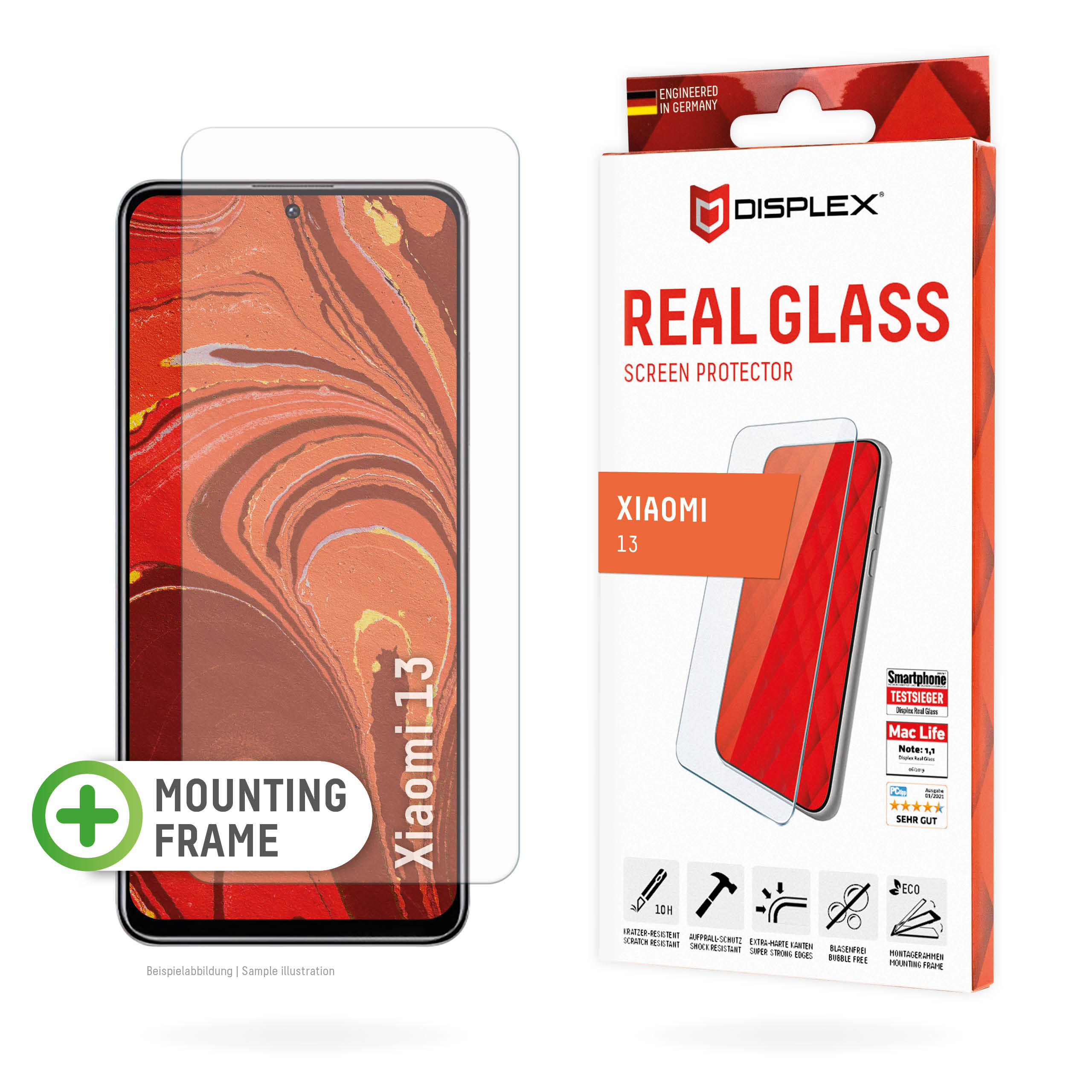 Displex Screen Protector (10H) for Xiaomi 13, Eco Mounting Frame, scratch resistant