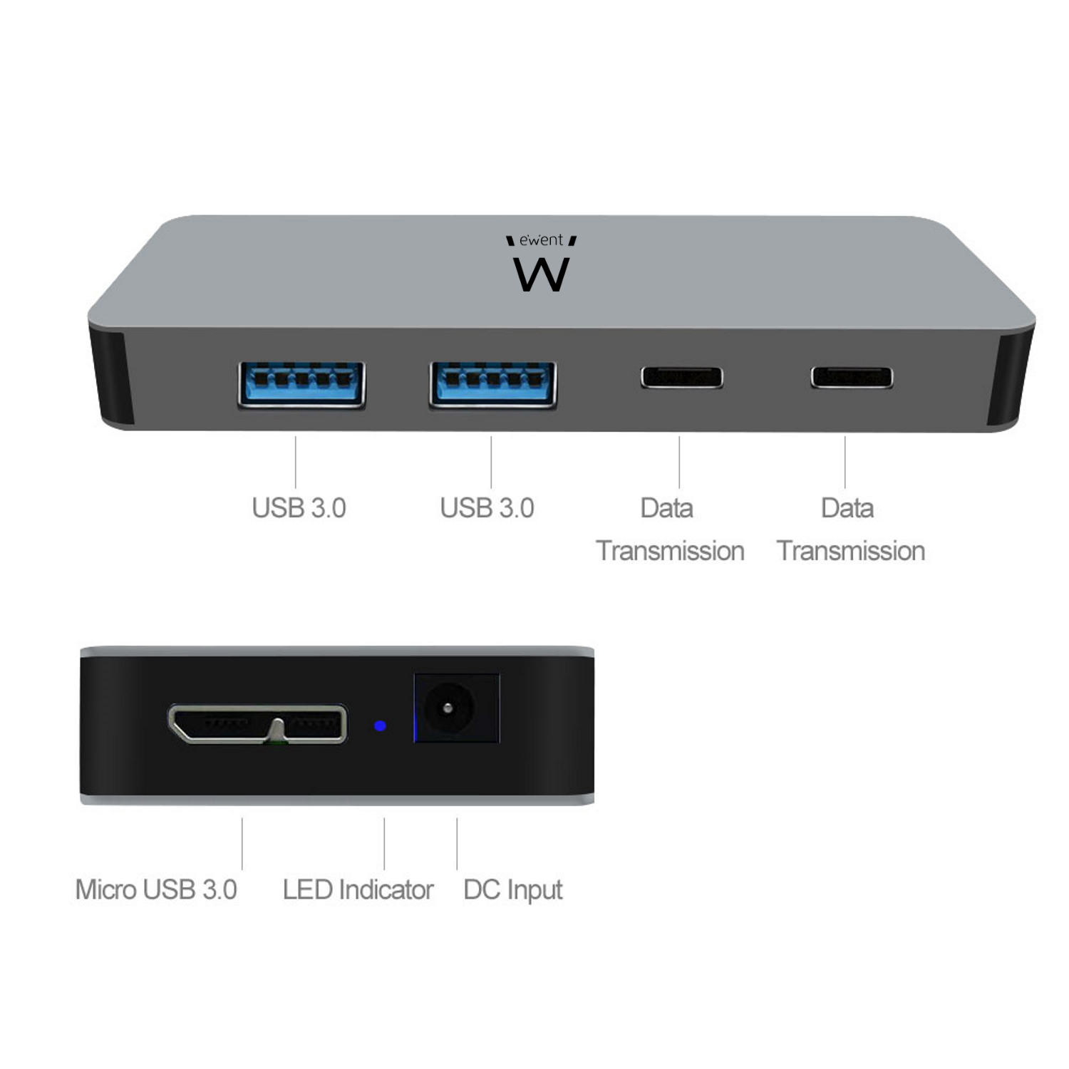 Ewent EW1142 interface hub USB 3.2 Gen 1 (3.1 Gen 1) Micro-B 5000 Mbit/s Silver – image 2