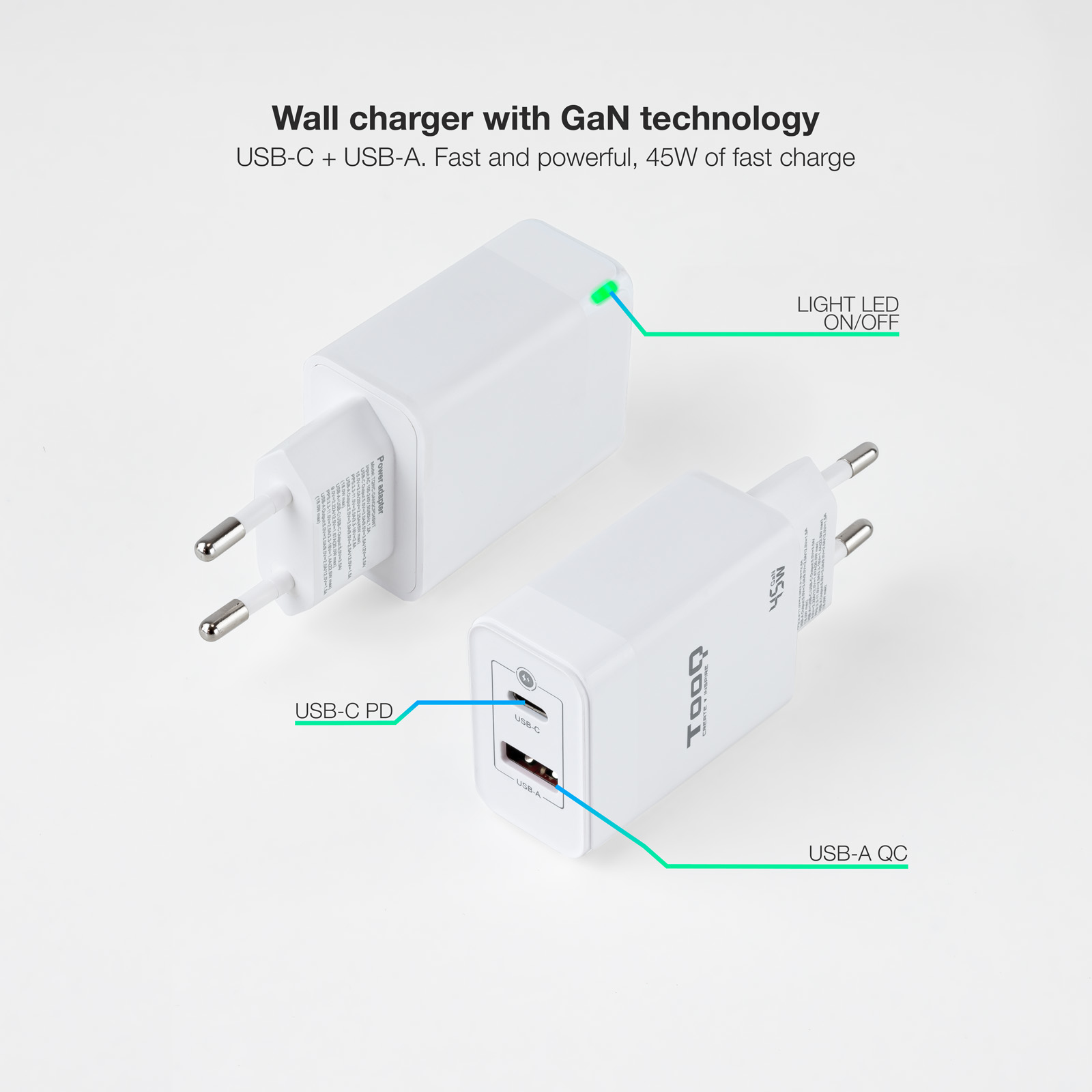 TooQ GaN Wall Charger USB-C/PD + USB-A/QC – image 2