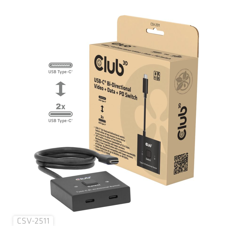 CLUB3D USB-C® Bi-Directional Video + Data + PD Switch