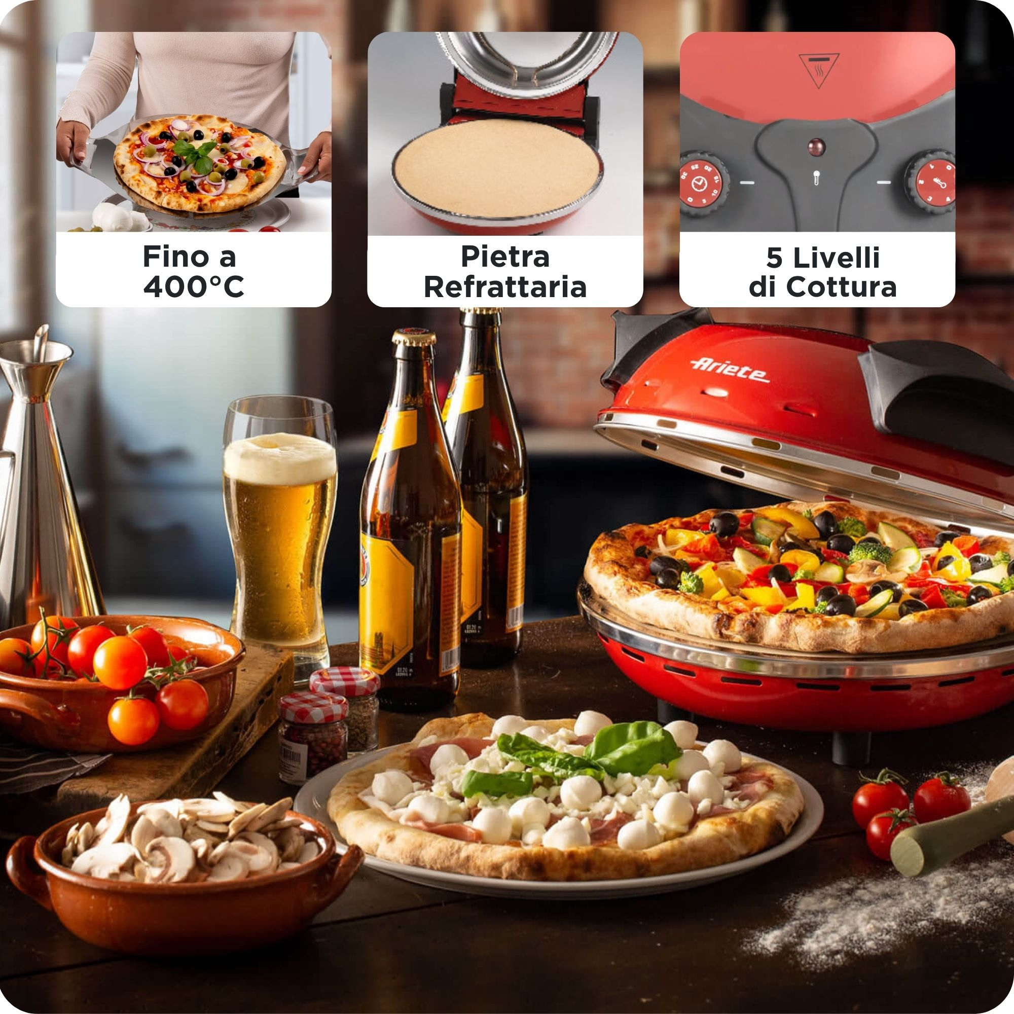 Ariete 909 Pizza Oven - Pizza in 4 minutes - Refractory stone plate with non-stick treatment - Max temperature 400 ° - 1200 Watt - Timer 30 '- Red – image 3