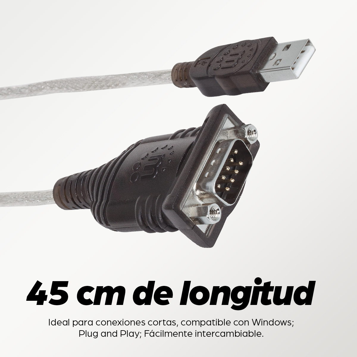 Convertidor 45cm USB-A 2.0 a Serial DB9, Manhatan 205153, Color Plateado