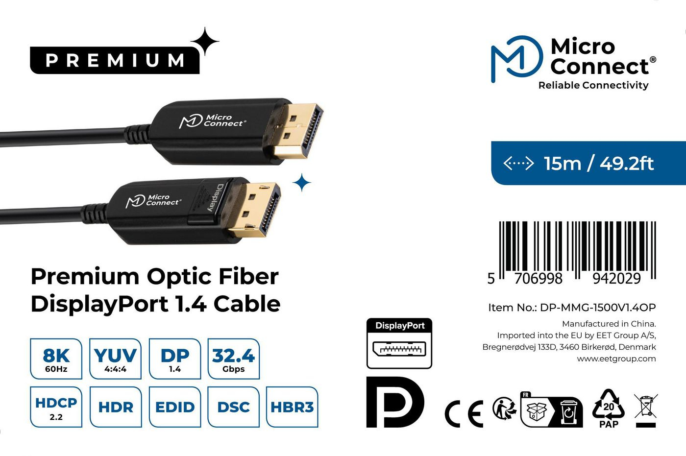 صورة كابل Microconnect DP-MMG-1500V1.4OP DisplayPort، 15 متر، ذكر إلى ذكر، مطلي بالذهب