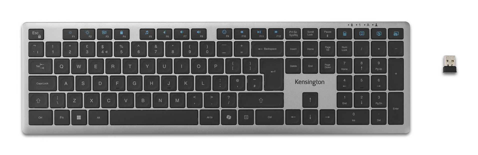 Kensington KB535 EQ - Keyboard - multi-device, rechargeable - full size - wireless - 2.4 GHz, Bluetooth, USB - QWERTY - UK - space grey - retail - FSC cardboard