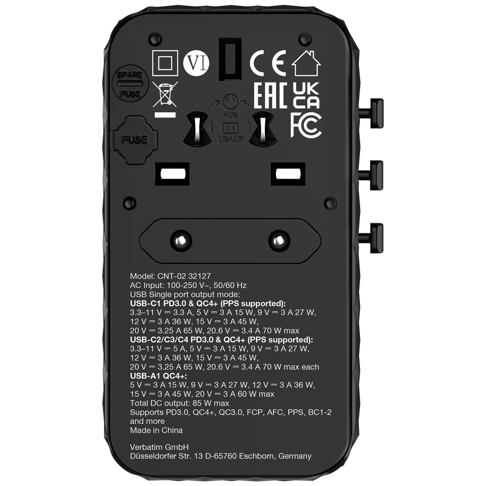 Resim Verbatim Charge 'n' Travel Diamond 85W CNT-02 AC Şarj Cihazı, 1x USB 2.0, 3x USB Type-C, Siyah