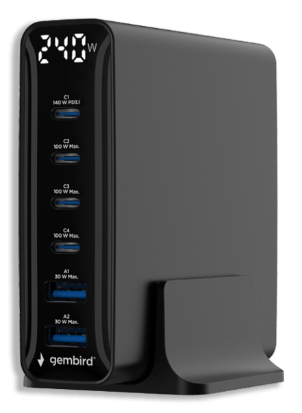 Tolerate GEMBIRD 6 PORT (240W) GaN USB FAST CHARGER BLK – image 2