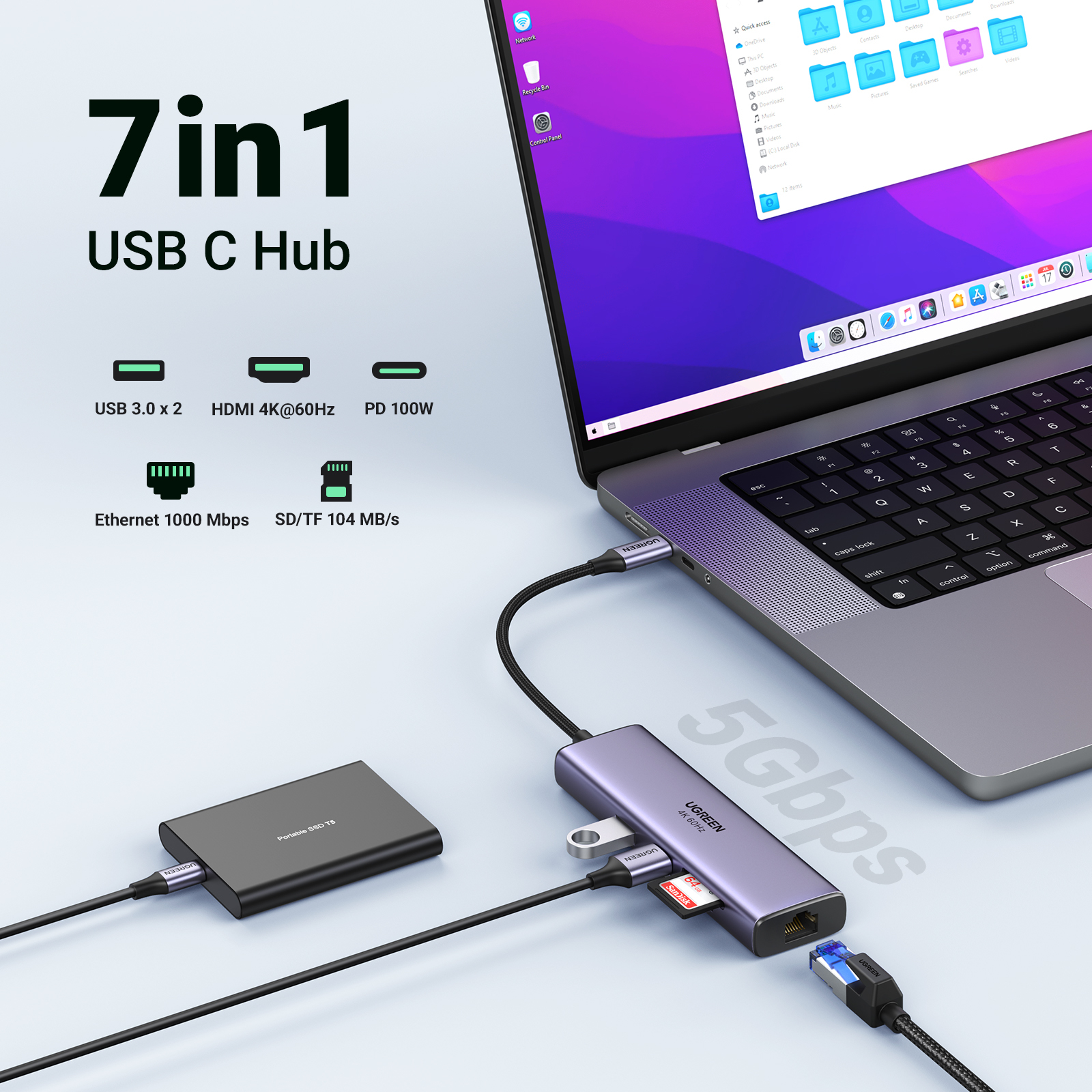 Ugreen 60515 USB-C Hub 2*USB3.0+HDMI+RJ45+SD&TF +PD port Converter – image 4