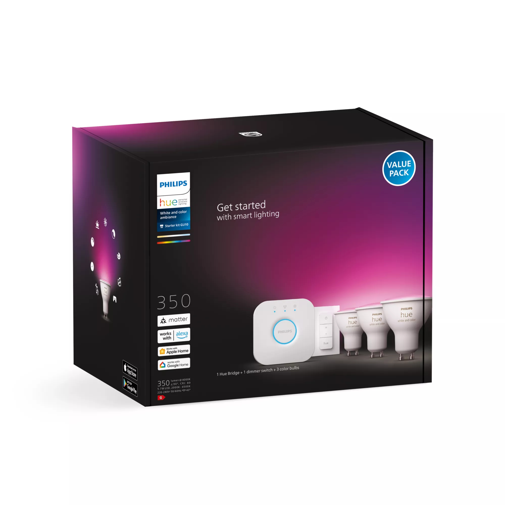 Philips by Signify Philips Hue White and colour ambience Starter kit: 3 GU10 smart spotlights + dimmer switch – image 2