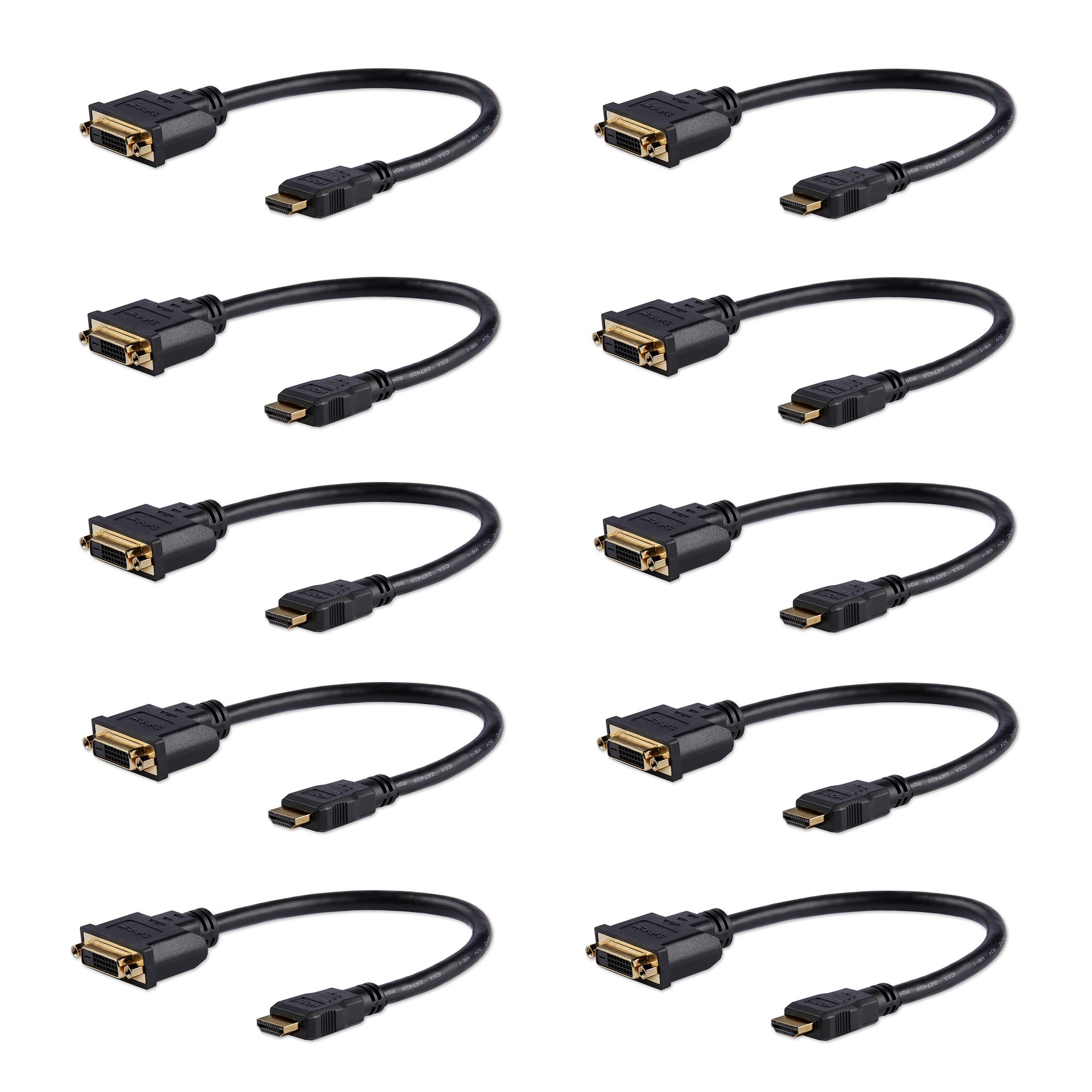 StarTech.com 8in (20cm) HDMI to DVI Adapter, DVI-D (1920x1200p), 10 Pack, Male 24 Pin Female,