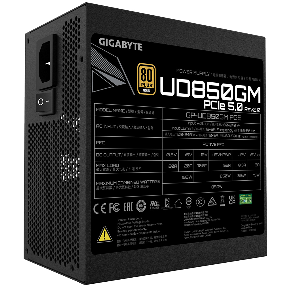 Fuente de Poder 850W 80+Gold Gigabyte UD850GM PG5 V2 . 1x 24pin, 2x 8pin CPU, 4x 8pin PCIE, 1x 12VHPWR, Color Negro