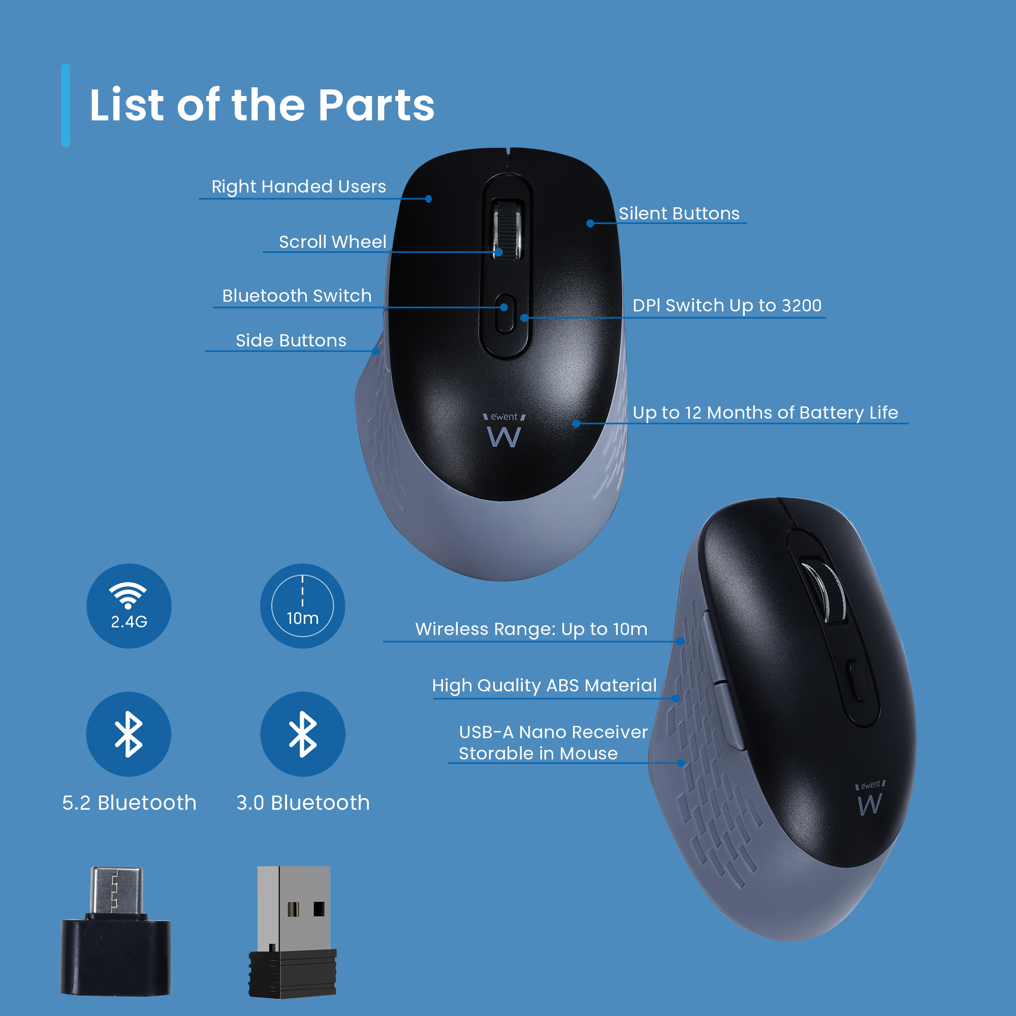 Ewent Wireless optical mouse with Multi-device connectivity, Silent clicks and Type-C Adapter – image 4