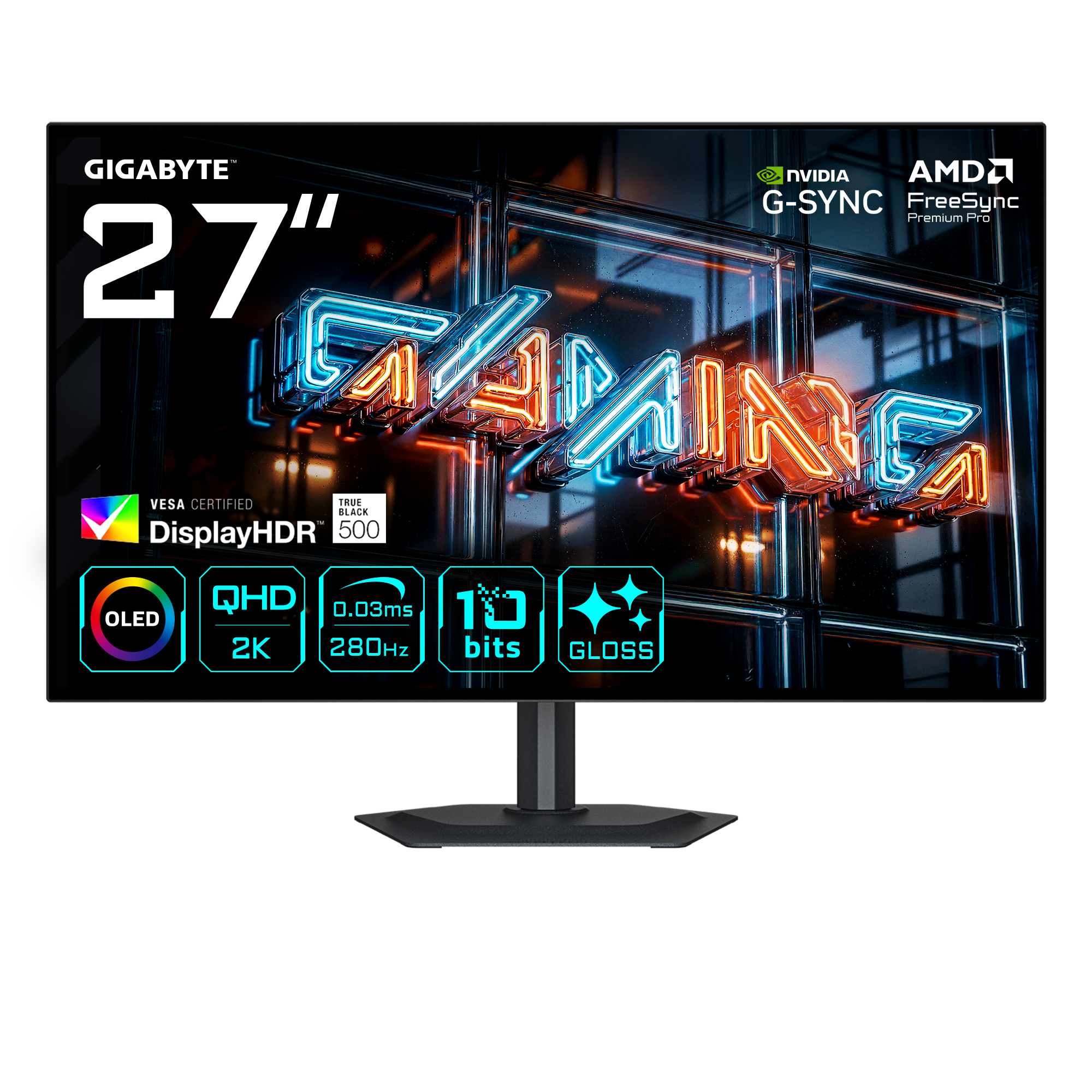 GIGABYTE MO27Q28GR 27 Glossy WOLED QHD Gaming Monitor - 2560 x 1440 280Hz 0.03ms 335 cd/m Display HDR True Black 500 HDMI 2.1 Displayport 1.4
