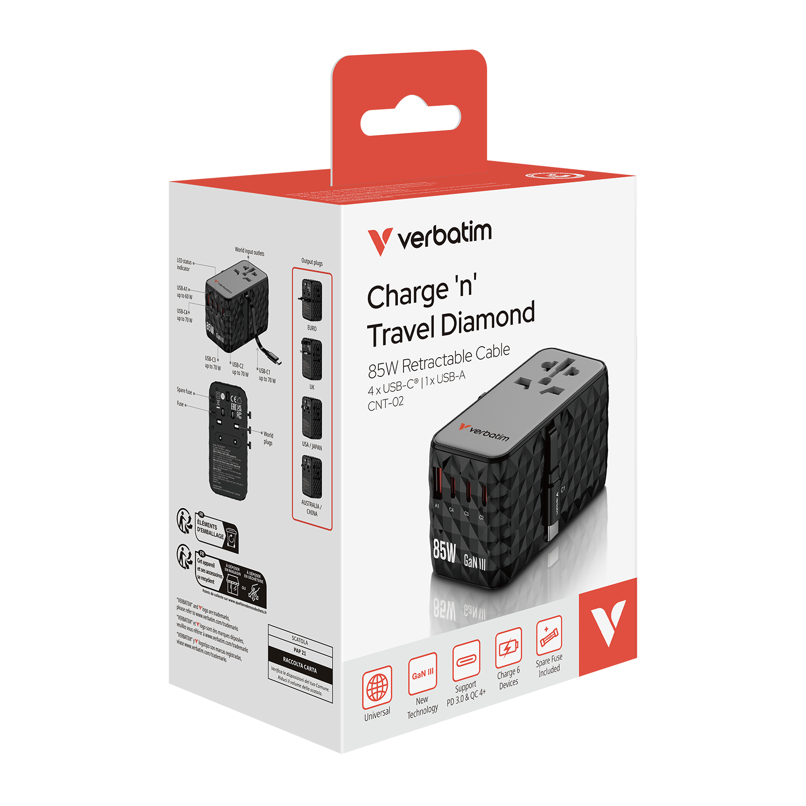 Resim Verbatim Charge 'n' Travel Diamond 85W CNT-02 AC Şarj Cihazı, 1x USB 2.0, 3x USB Type-C, Siyah