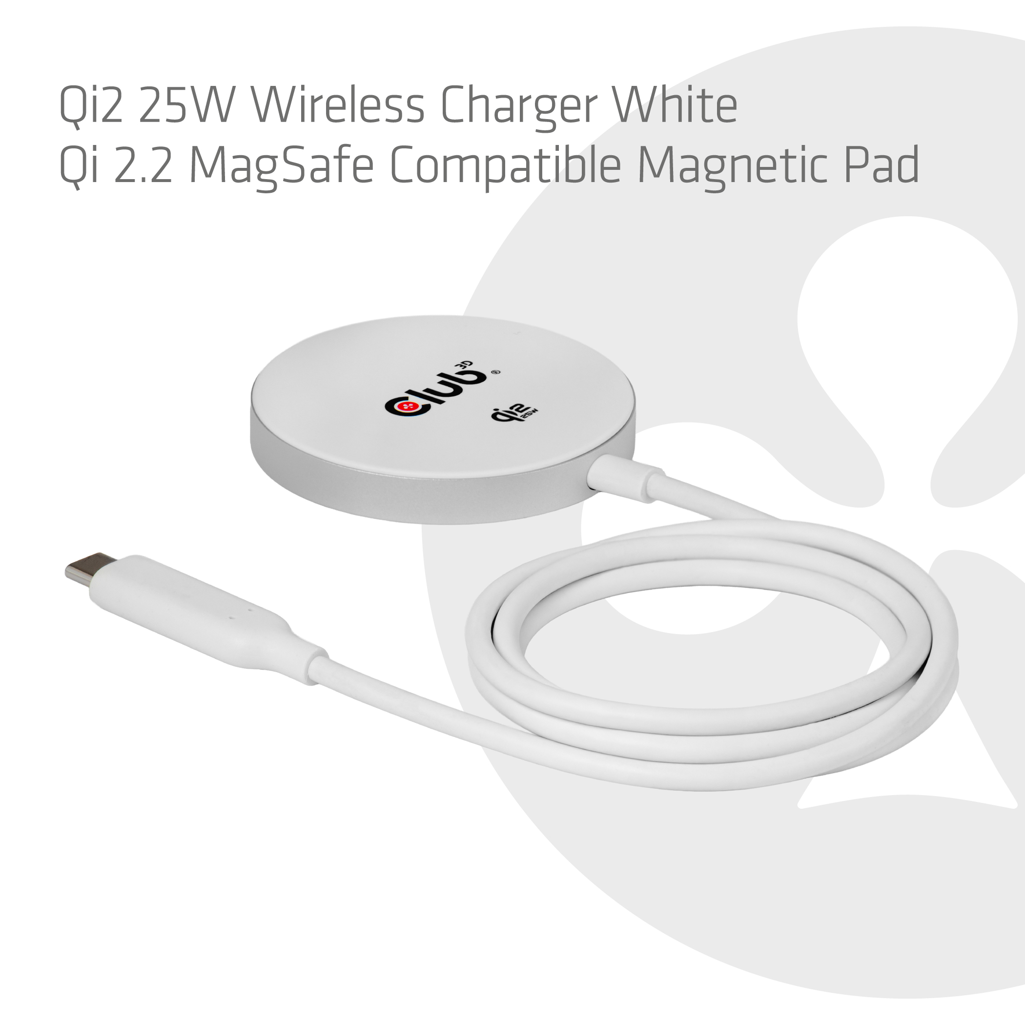 Club3D Ladegerät wireless Qi2 USB-C 25Watt,  weiß retail