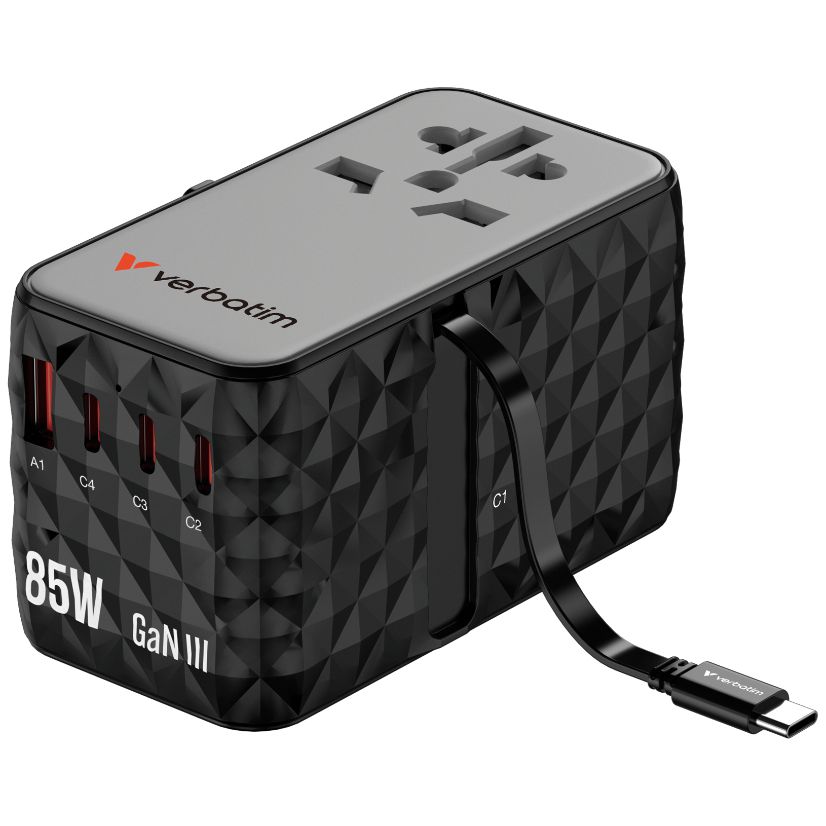 Resim Verbatim Charge 'n' Travel Diamond 85W CNT-02 AC Şarj Cihazı, 1x USB 2.0, 3x USB Type-C, Siyah