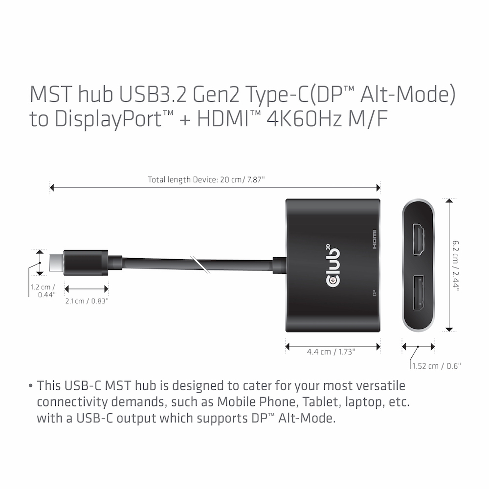 CLUB3D MST hub USB3.2 Gen2 Type-C(DP Alt-Mode) to DisplayPort + HDMI 4K60Hz M/F – image 6