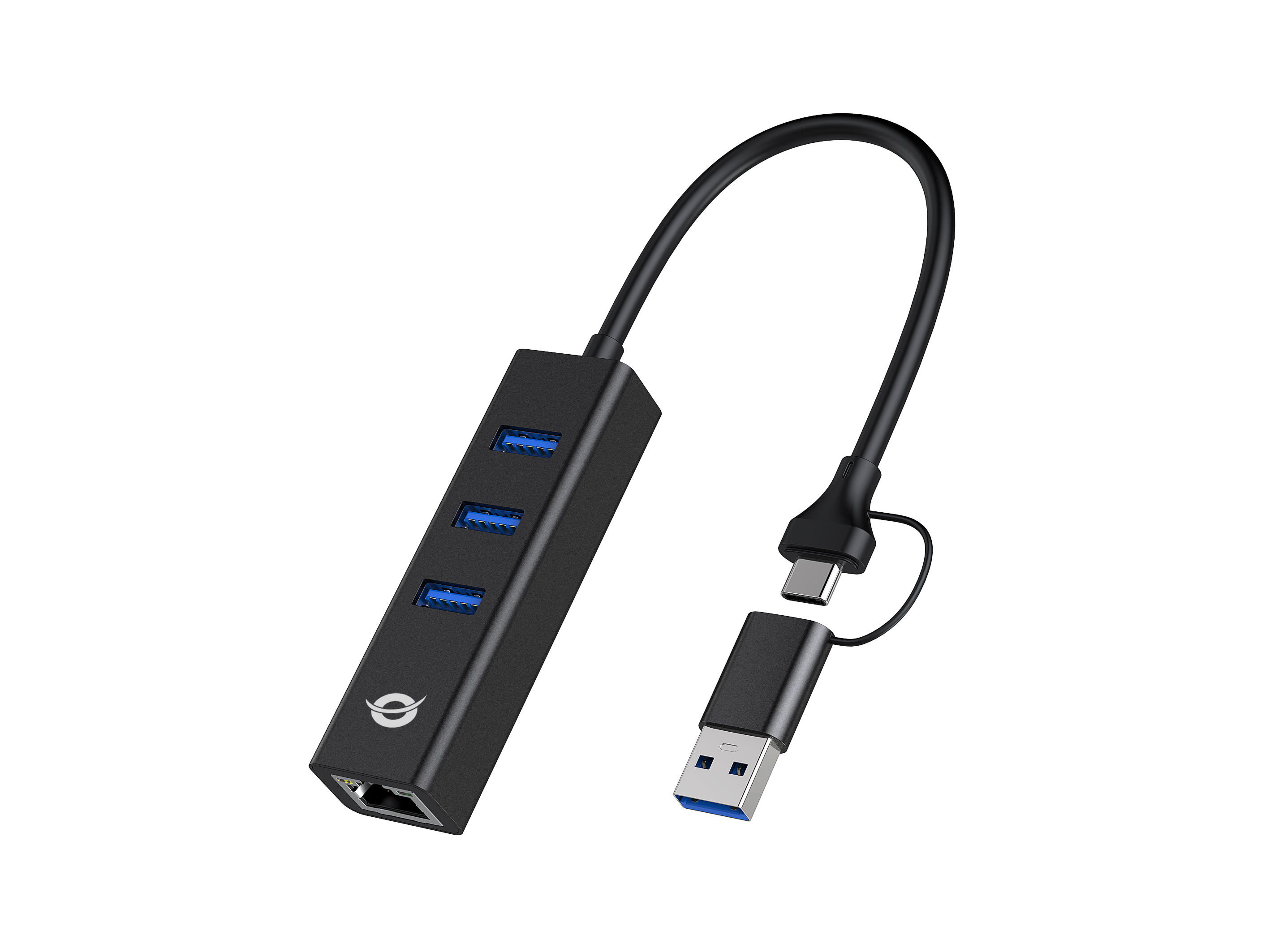 Conceptronic DONN07BA USB to Gigabit Network Adapter with 3-Port USB Hub, USB-A x 3, Wake-on-LAN, 2-in-1 USB-C USB-A Cable