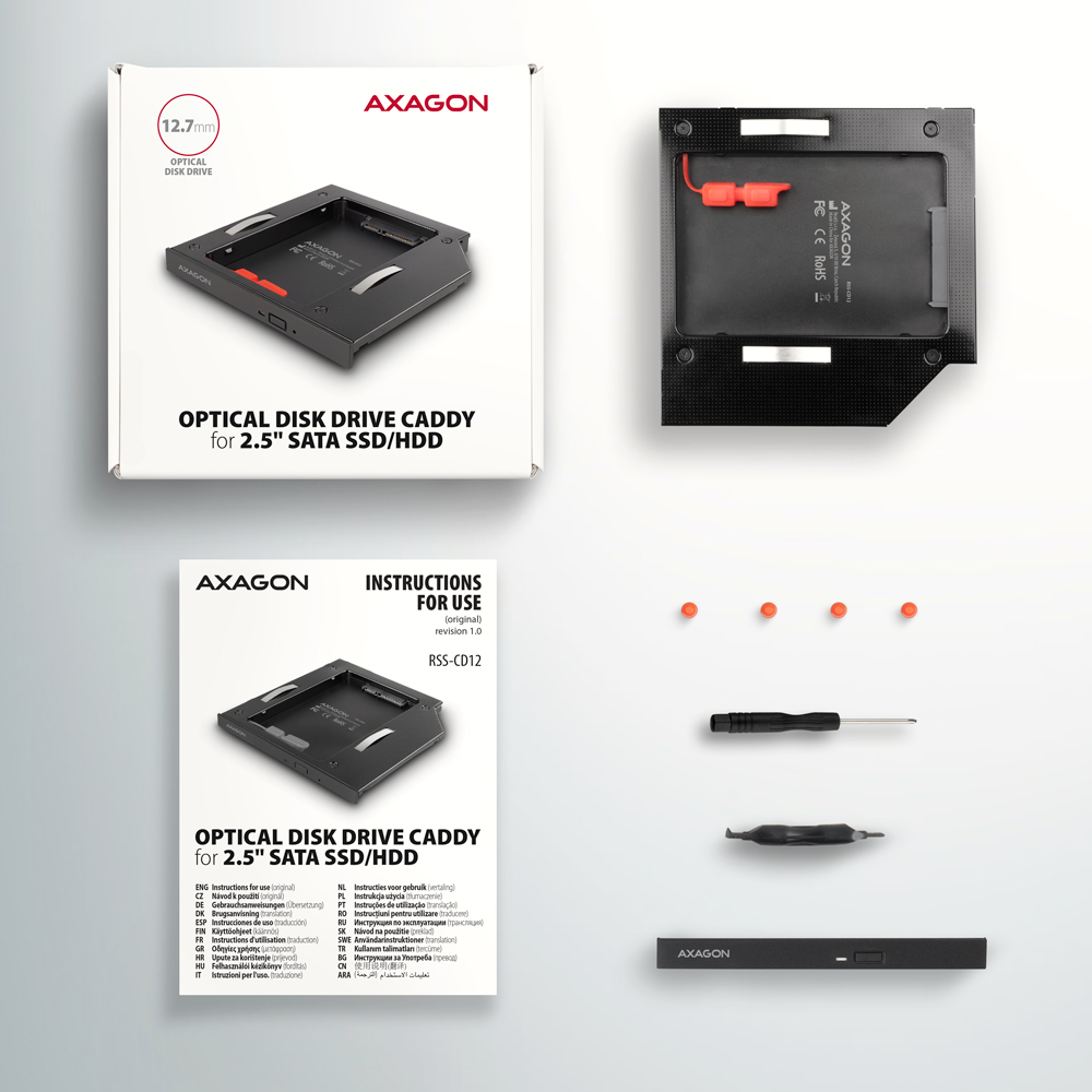 Axagon RSS-CD12 2.5 SSD/HDD caddy into DVD slot 12.7 mm LED ALU – image 8