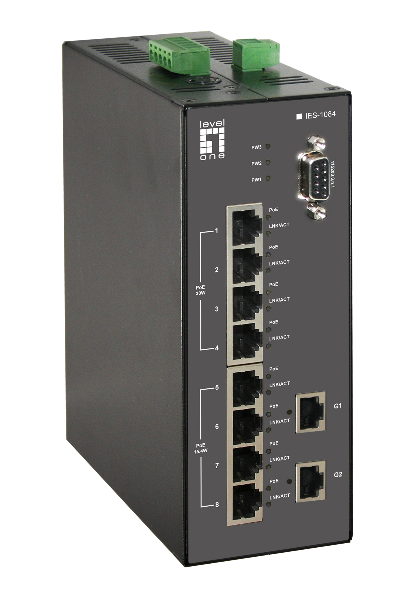 LevelOne 10-Port L2 Managed Fast Ethernet PoE Industrial Switch, 802.3at/af PoE, DIN-Rail, 2 x Gigabit RJ45, 8 PoE Outputs – image 1