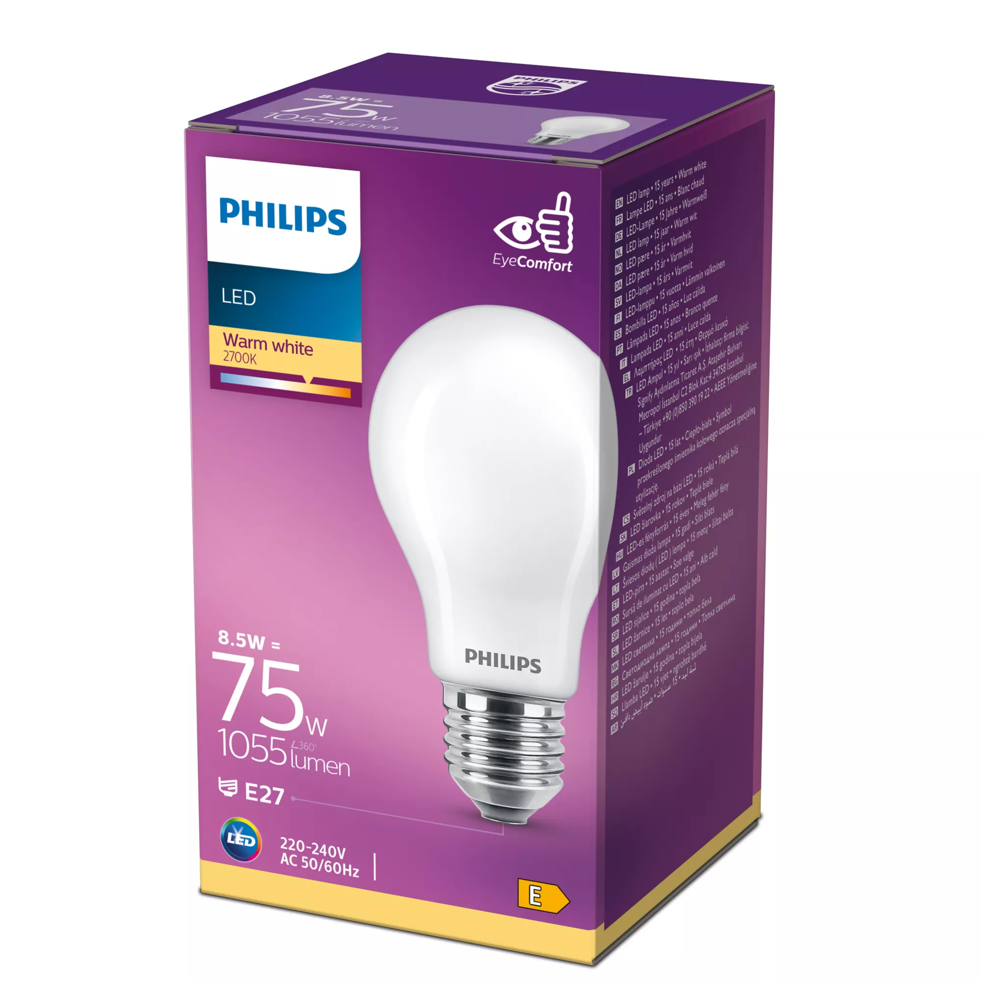 صورة Philips 8718696705551 مصباح على شكل A، 8.5 واط، 1055 لومن، E27، أبيض دافئ، 2700 كلفن