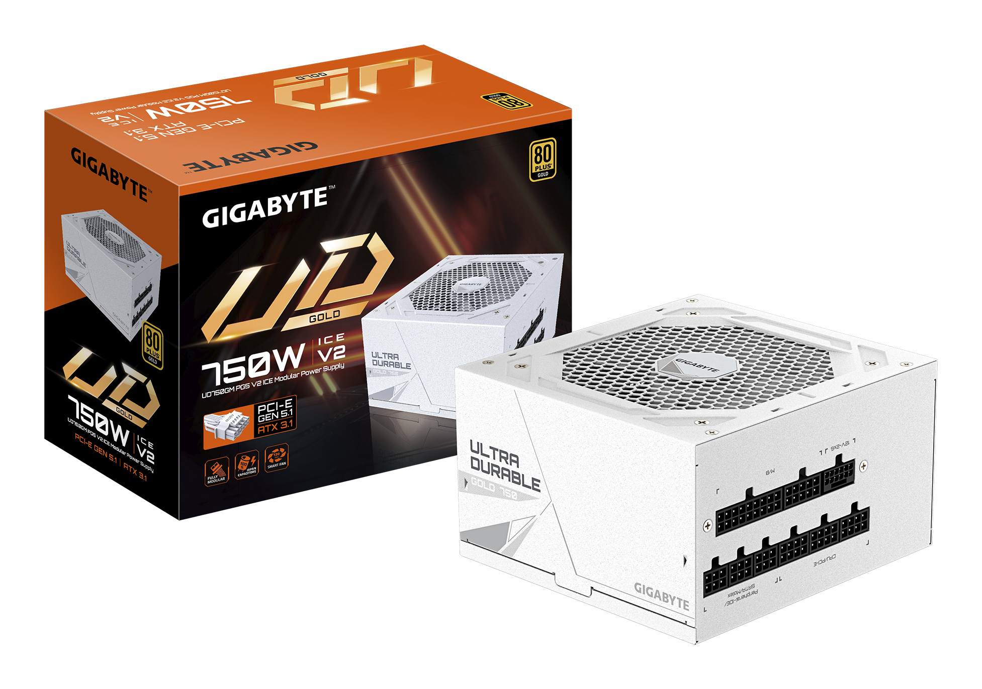 GIGABYTE GP-UD750GM 750W V2 ICE, 80 Plus Gold Certified Fully Modular Power Supply, PCIe Gen 5.1, 80 PLUS Gold, Fully Modular Design, 120mm Fan, ATX 3.1 compatible, UK Plug
