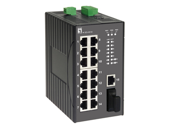 LevelOne 16-Port Fast Ethernet Industrial Switch, DIN-Rail, 1 x SC Multi-Mode Fiber, -40°C to 85°C