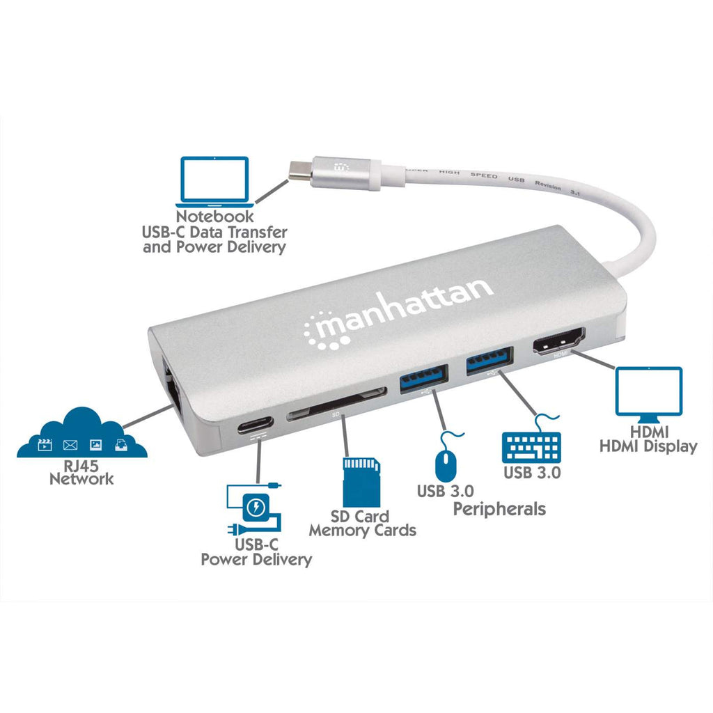 Manhattan USB-C Dock/Hub with Card Reader, Ports (x5): Ethernet, HDMI, USB-A (x2) and USB-C, With Power Delivery (60W) to USB-C Port (Note additional USB-C wall – image 8