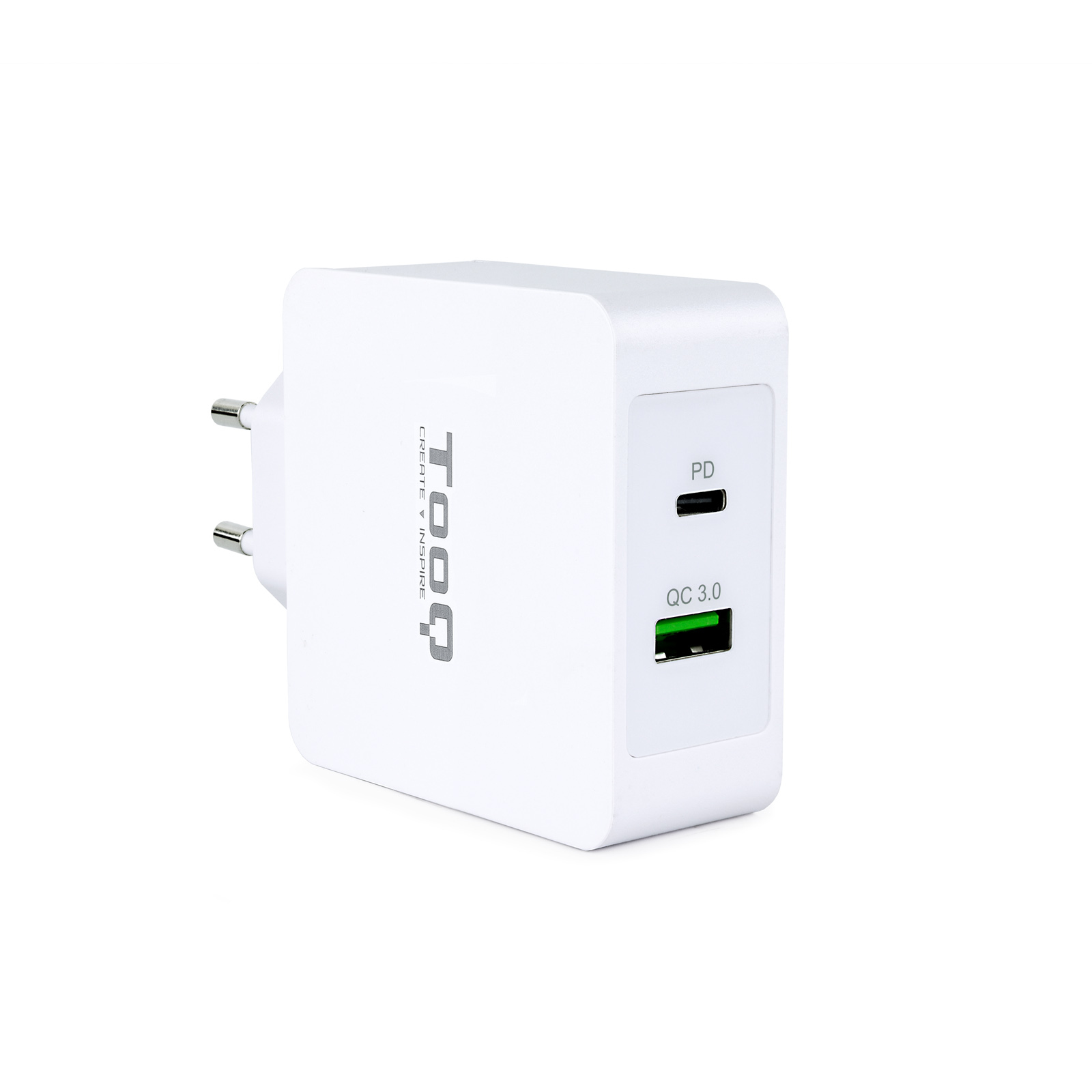 TooQ Cargador de Pared doble puerto USB-C PD + USB A QC3.0, 48W