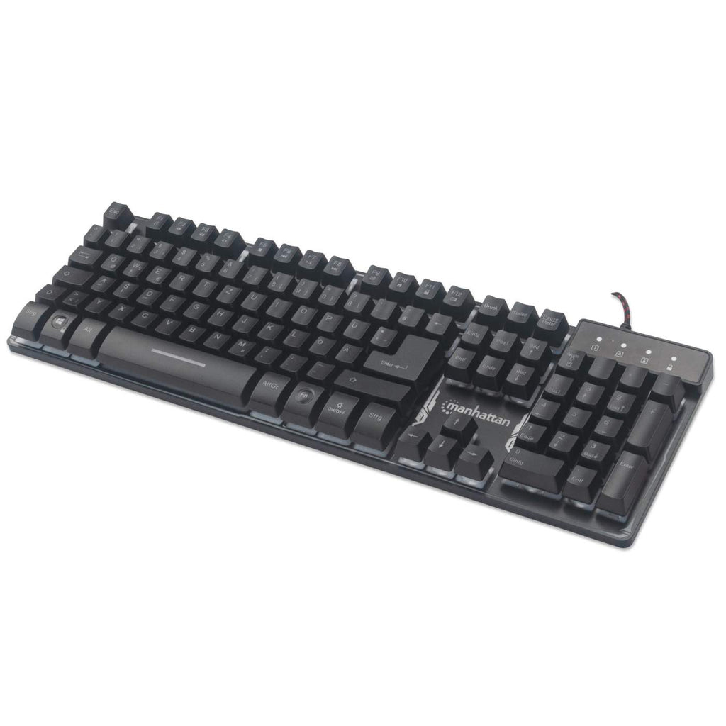 Manhattan Gaming USB Keyboard, Metal Base Edition, 12 Function Keys, Rainbow-LED Backlighting, 19 Anti-Ghost Key Caps, IPX4 (Splashproof) Rating, USB-A, Black,