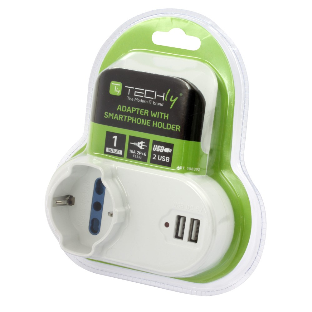 Techly Adapter 2-socket / Schuko 2 USB 1A Socket with Smartphone Holder – image 7