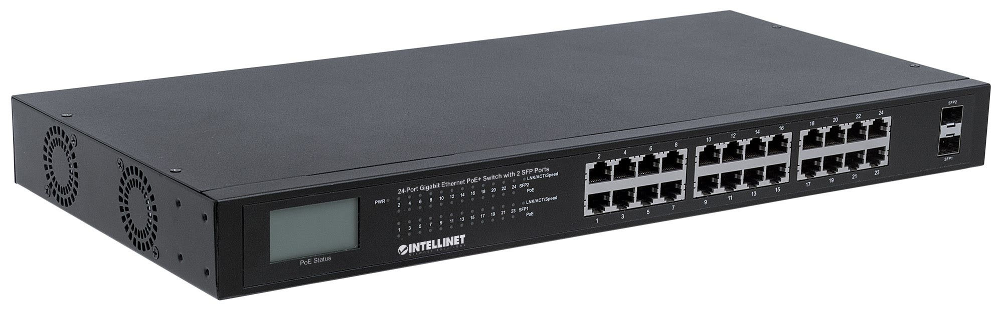 Intellinet 24-Port Gigabit Ethernet PoE+ Switch with 2 SFP Ports, LCD Display, IEEE 802.3at/af Power over Ethernet (PoE+/PoE) Compliant – image 2