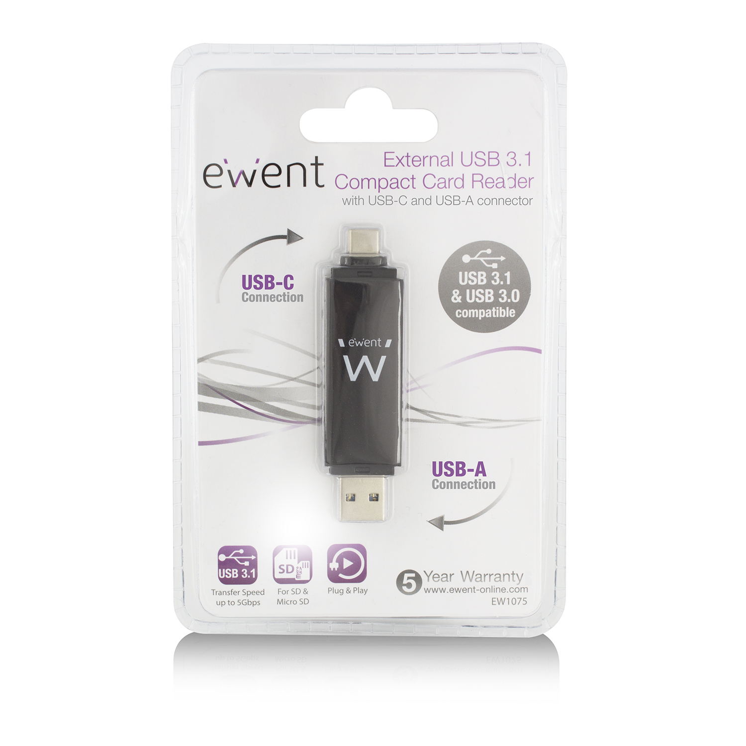 Ewent EW1075 card reader USB 3.2 Gen 1 (3.1 Gen 1) Type-A/Type-C Black – image 5