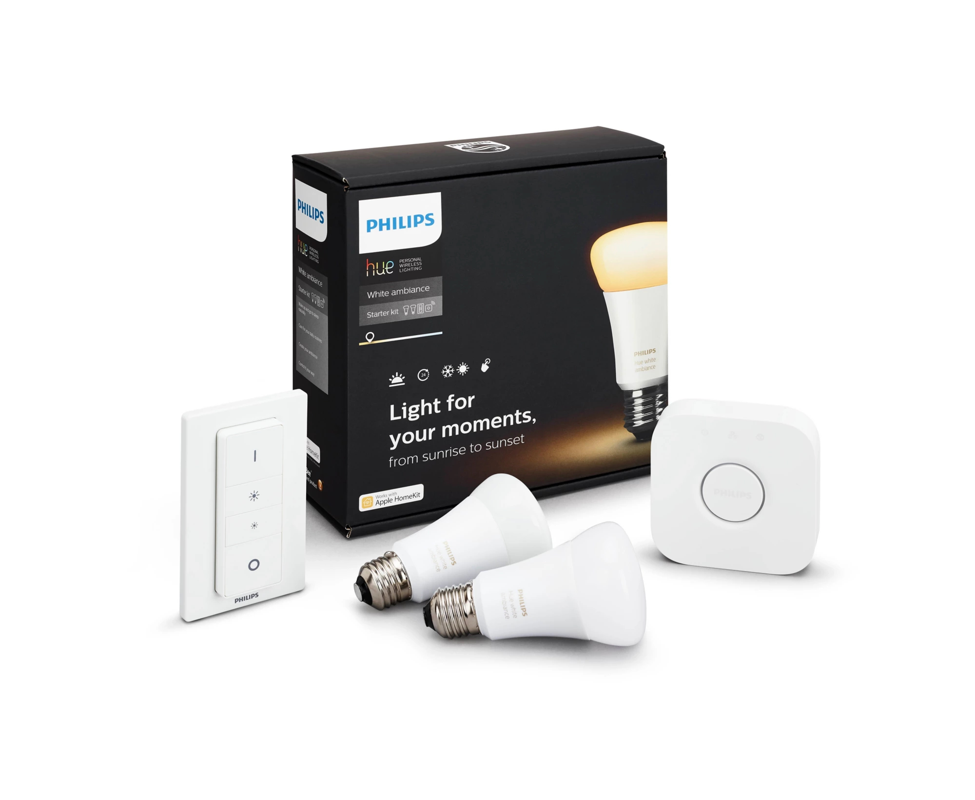 صورة مجموعة Philips Hue Starter: 2 مصباح LED ذكي E27 (يعادل 60 واط)، مفتاح تخفيت الإضاءة