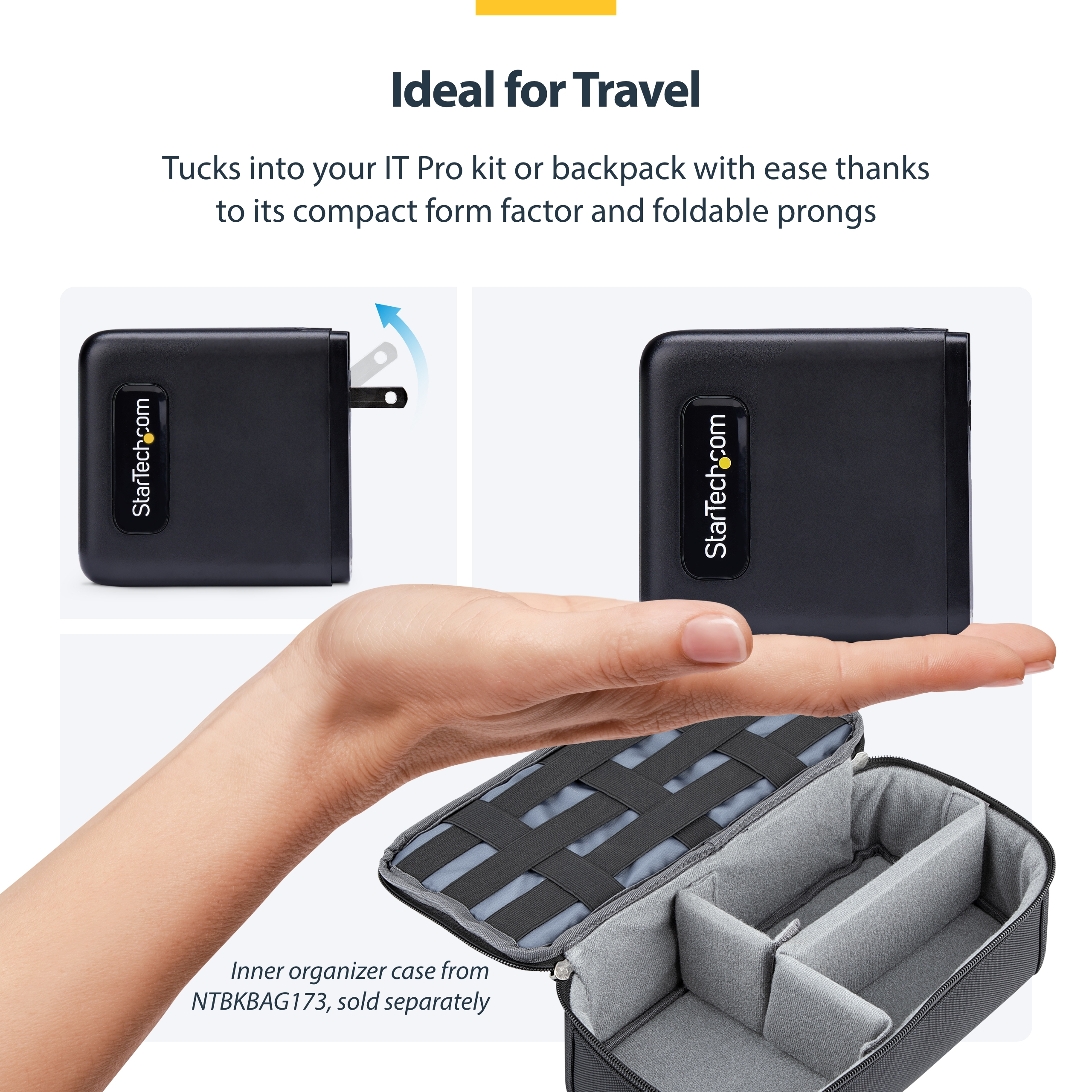 Resim StarTech.com 100W GaN USB-C PD 3.0 Duvar Tipi Şarj Cihazı, 2x USB-C, 2x USB-A, 1.8m Kablo, Siyah