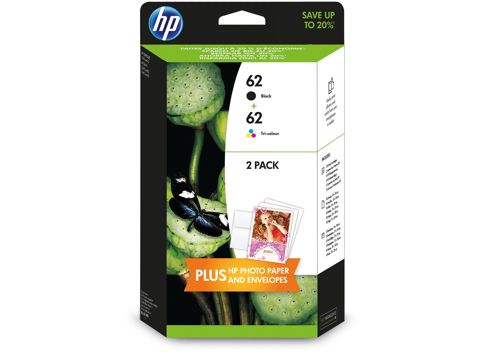 HP 62 2-pack Black/Tri-color Original Ink Cartridges
