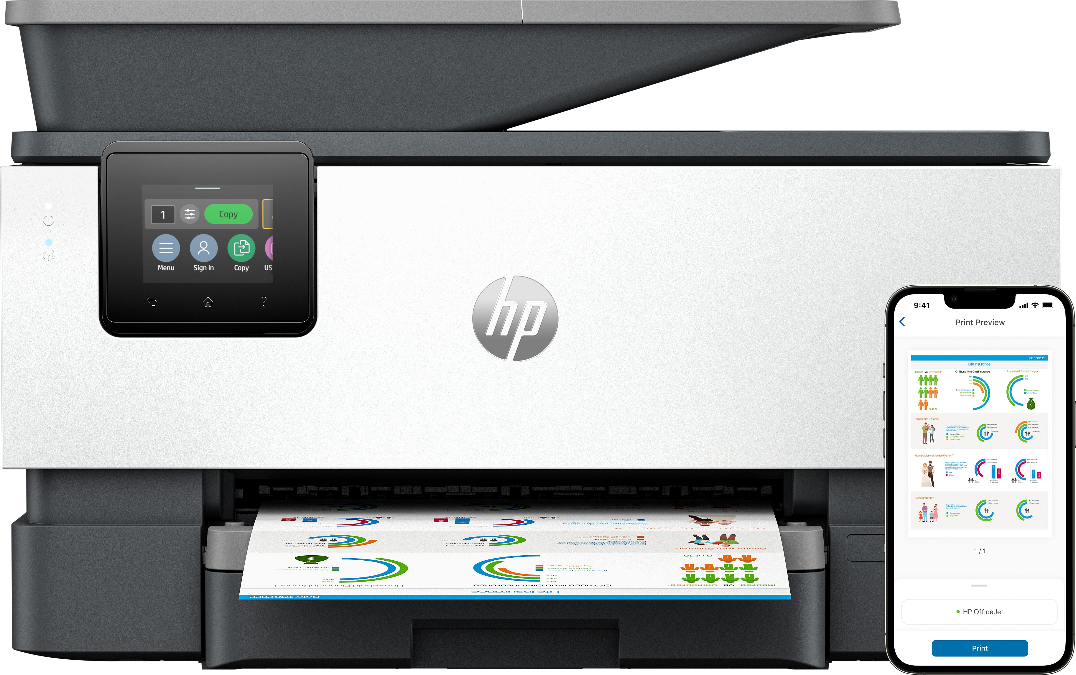 HP OfficeJet Pro 9120b All-in-One-skrivare, Färg, Skrivare för Hemma och hemmakontor, Skriv ut, kopiera, skanna, fax, Trådlöst; Dubbelsidig utskrift; Dubbelsidig skanning; Skanna till e-post; Skanna till PDF; Fax; Port för USB-minne på framsidan; Pekskärm