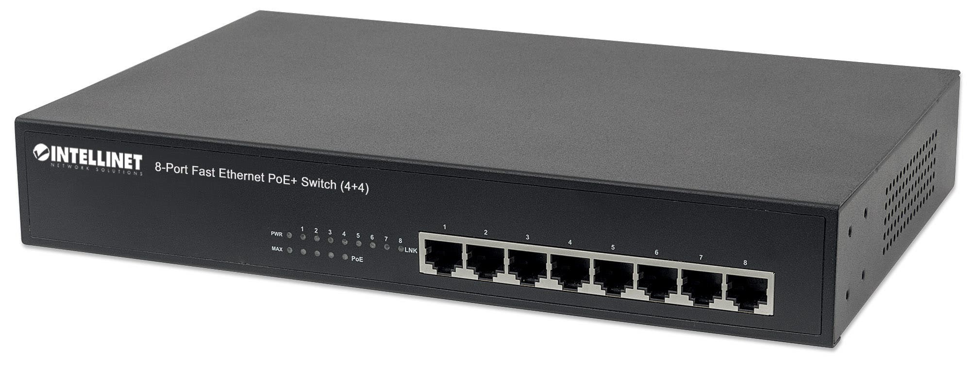 Intellinet 8-Port Fast Ethernet PoE+ Switch, 4 x PoE IEEE 802.3at/af Power-over-Ethernet (PoE+/PoE) ports, 4 x Standard RJ45 Ports, Endspan, Desktop – image 1