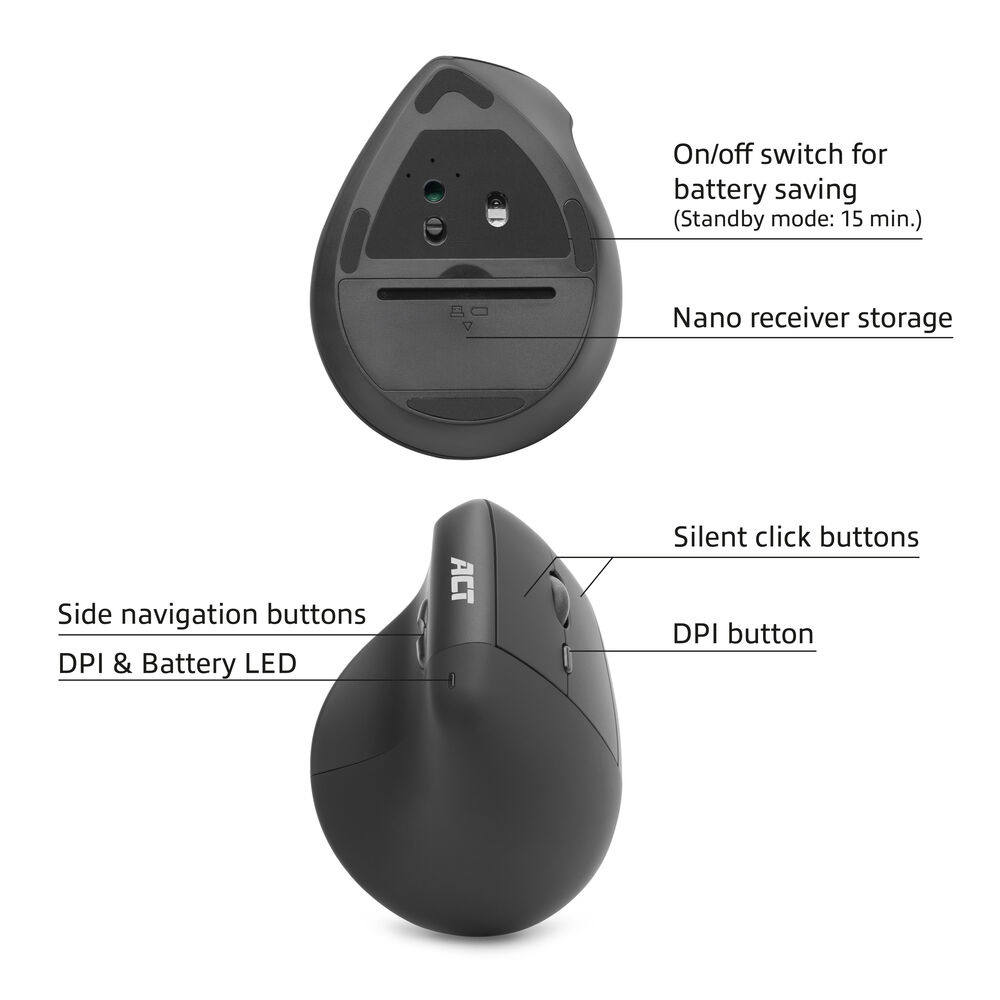 ACT Ergonomic wireless mouse 1600 DPI with vertical grip, eco-friendly – image 3